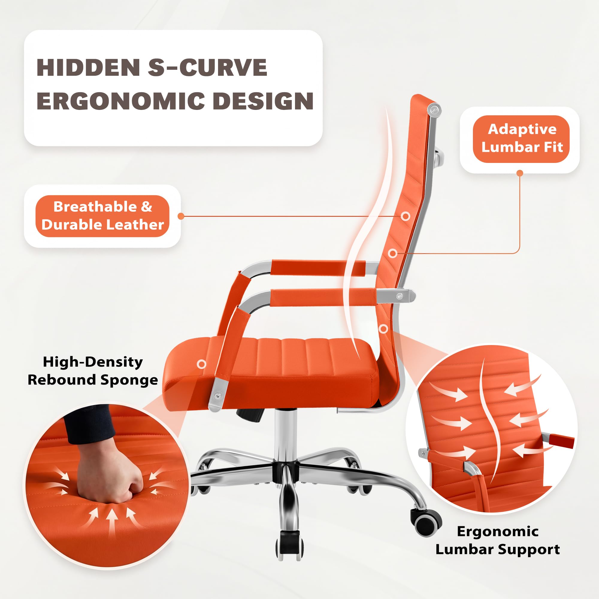(2, Orange) Ergonomic Office Desk Chair, Executive Ribbed Mid-Back PU Leather Conference Room Chair Adjustable Swivel Chair with Arms