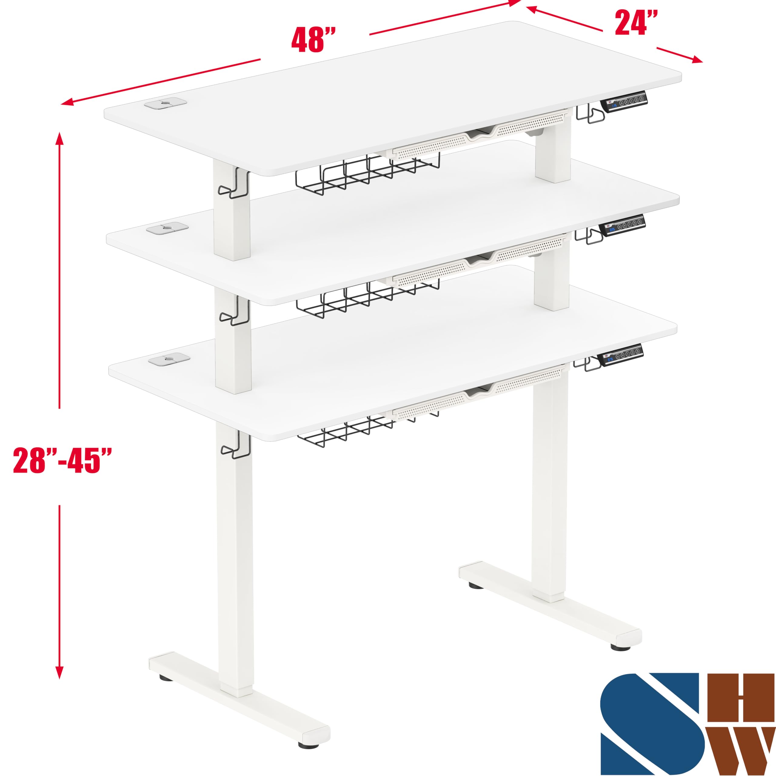 48-Inch Electric Height Adjustable Standing Desk with Drawer, Memory Preset and Cable Management Tray, White