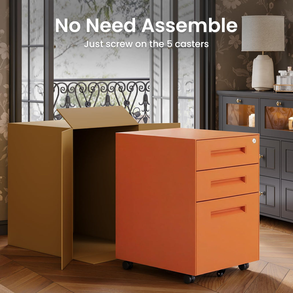 3 Drawer Metal Rolling File Cabinet Under Desk Filing Cabinet Orange