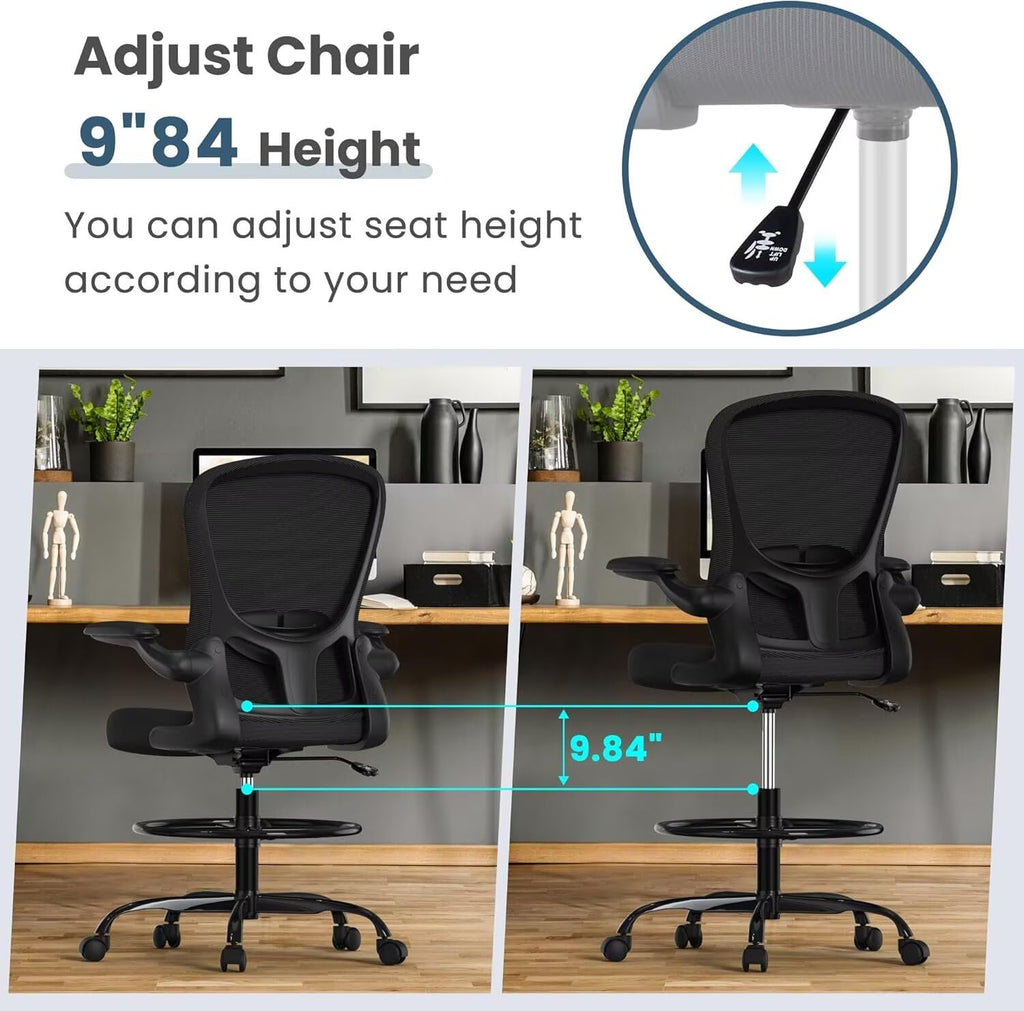 Drafting Chair Tall Standing Desk Executive Ergonomic Computer Office Chair with Flip-Up Armrests, Adjustable Footrest Ring, Lumbar Support, Height Adjustable Swivel Chair for Home Office (Black)