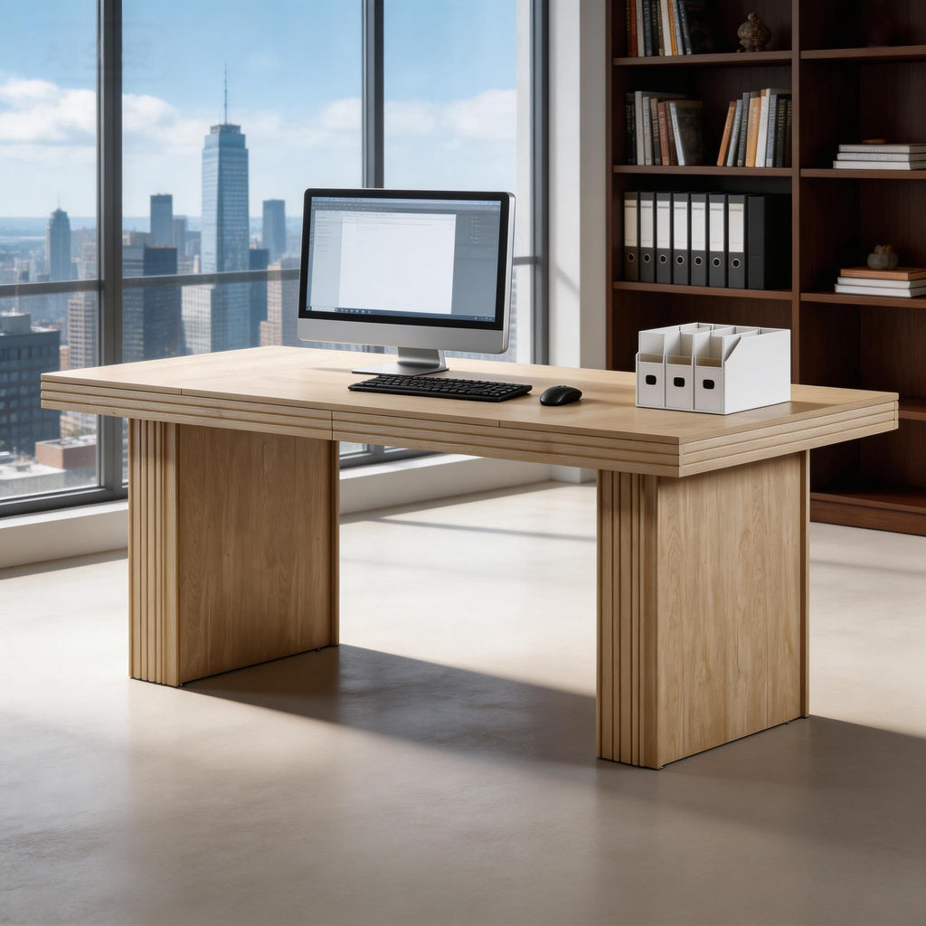 Modern Office Desk, Home Office Table with Wide Fluted Legs, Modern Desk for Home Office, Natural