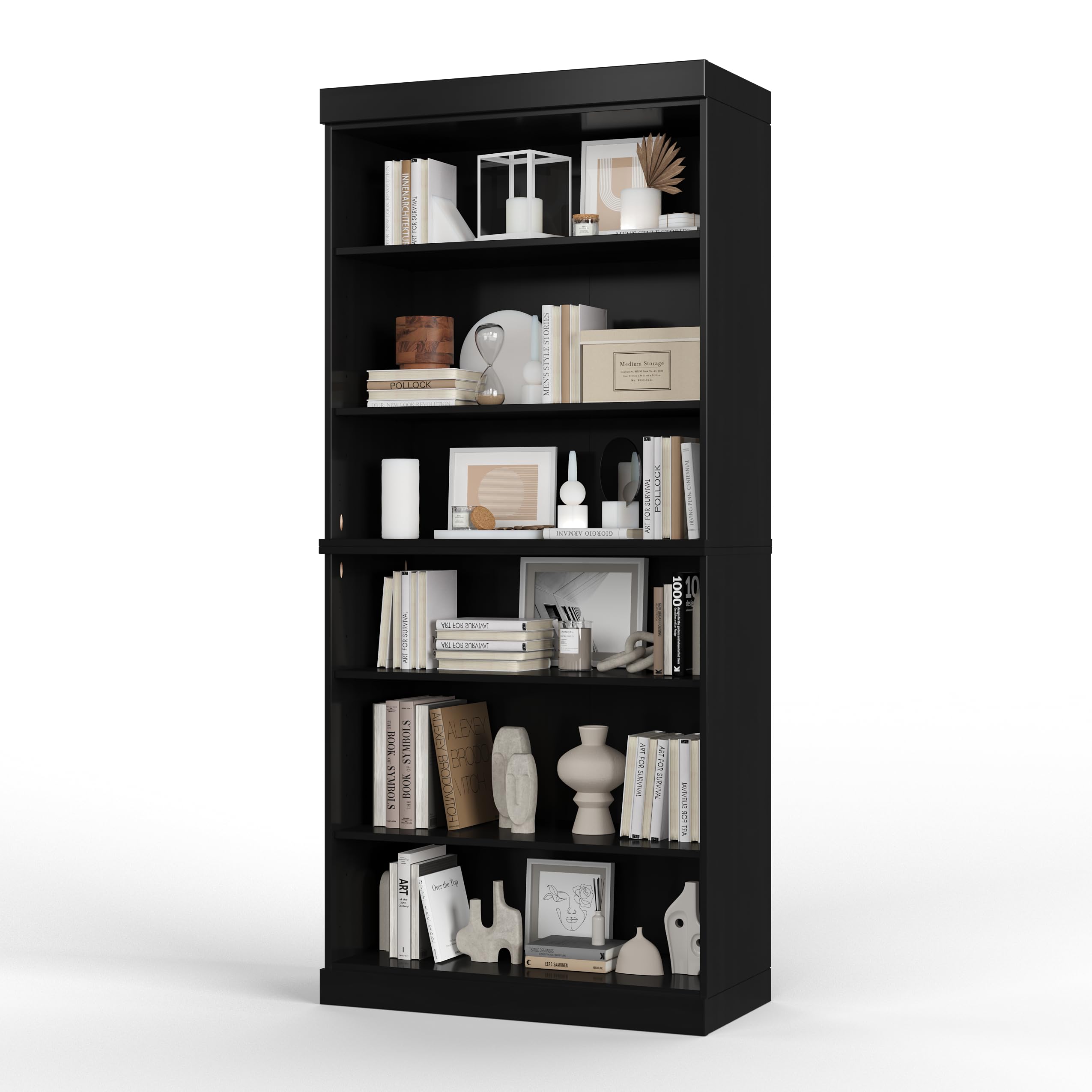 Solid Wood Bookcase - Stackable Modular 6-Tier Bookshelf - 71.5" Tall x 32" Wide - Black, Open Display Shelf for Living Room, Office, Renewable 100% Eco-Friendly Wood, Made in Brazil