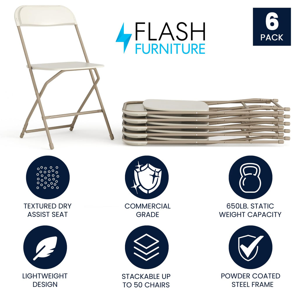 6 Pack, Hercules Series Plastic Folding Chair - Beige - 650LB Weight Capacity Comfortable Event Chair-Lightweight Folding Chair