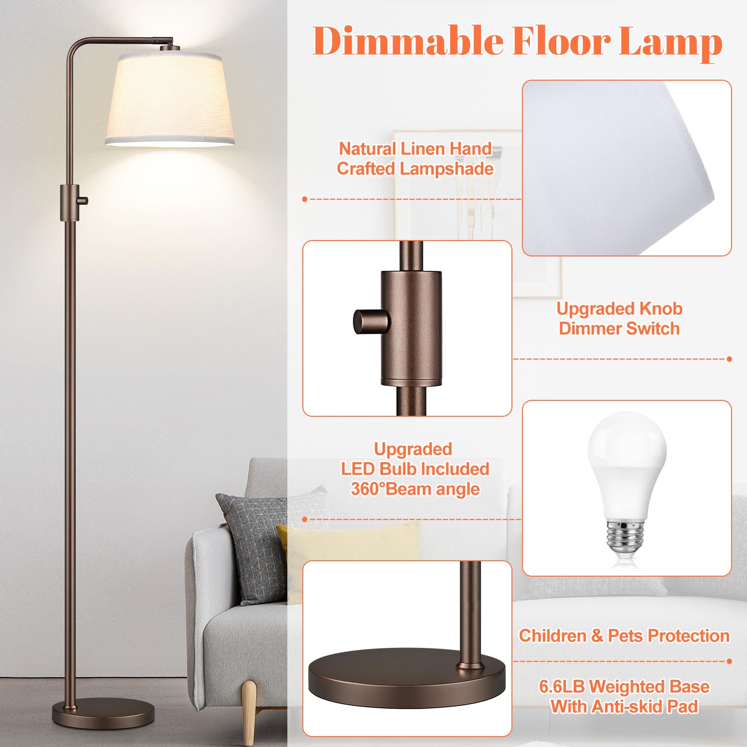 Floor Lamp, 1000 Lumens LED Edison Bulb Included, Modern Arc Standing Tall Brown Floor Lamp for Living Room Bedroom Office Dining Room