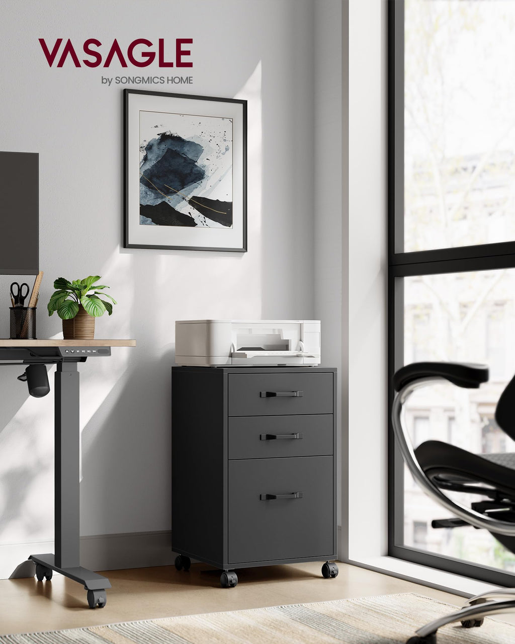 Mobile File Cabinet, 3 Drawers Filing Cabinet with Wheels, for Home Office, for A4, Letter Sized Documents, Adjustable Hanging Rail for File Folders, Ink Black