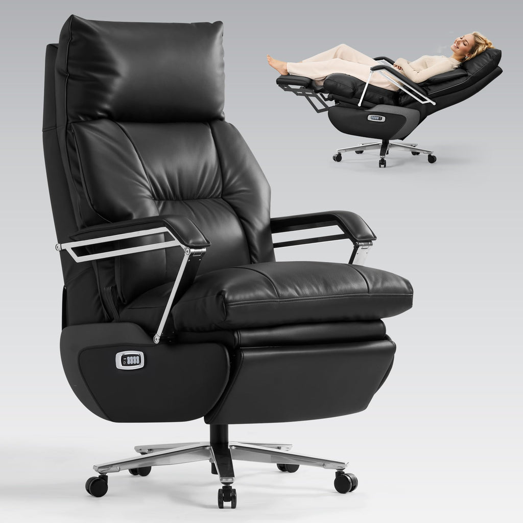 Dual Motor Electric Executive Office Chair with Heat Massage Ventilation, Comfortable Reclining Office Chair Wide Seat, Ergonomic Leather Home Office Desk Chair (Black,Multi-Functionality)