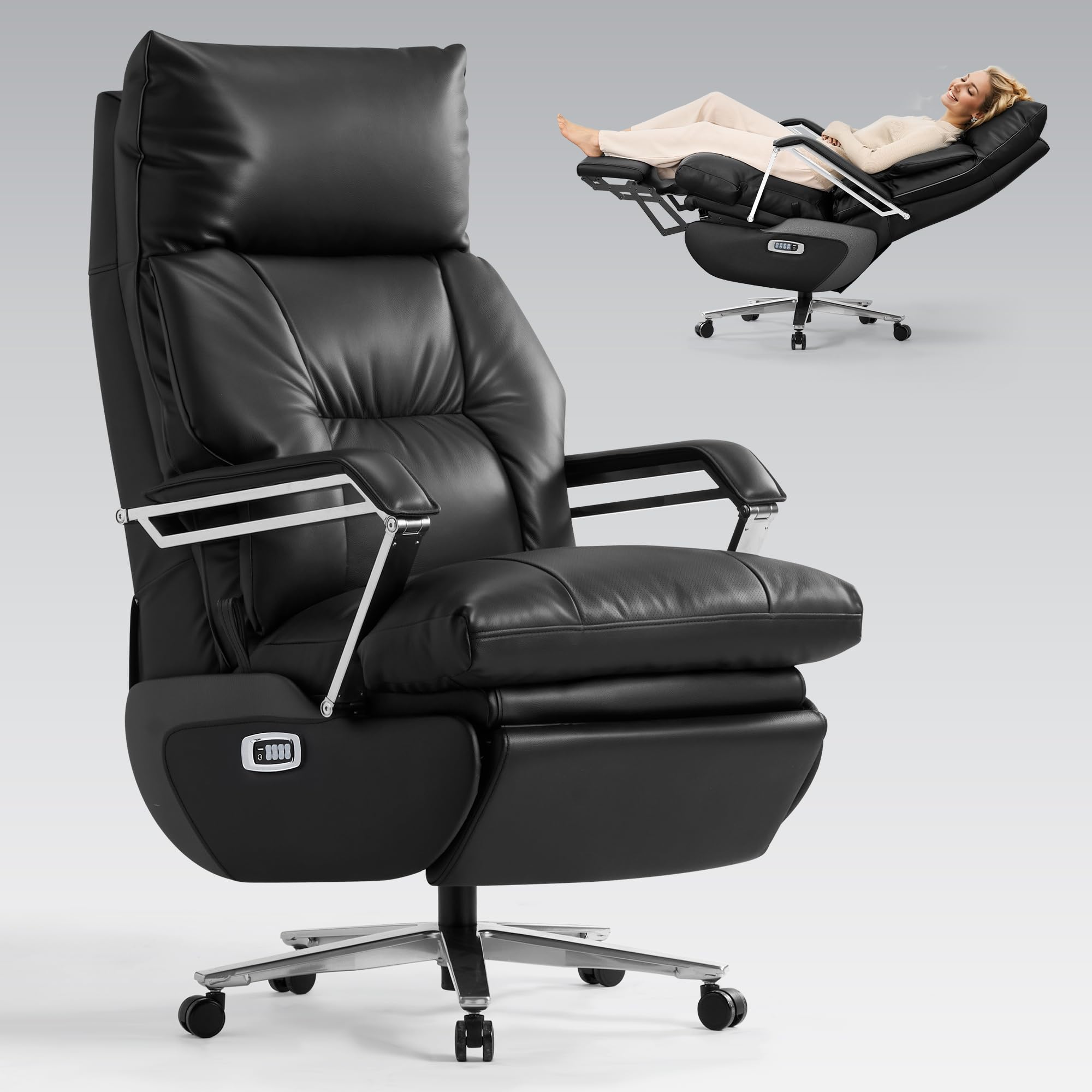 Dual Motor Electric Executive Office Chair with Heat Massage Ventilation, Comfortable Reclining Office Chair Wide Seat, Ergonomic Leather Home Office Desk Chair (Black,Multi-Functionality)