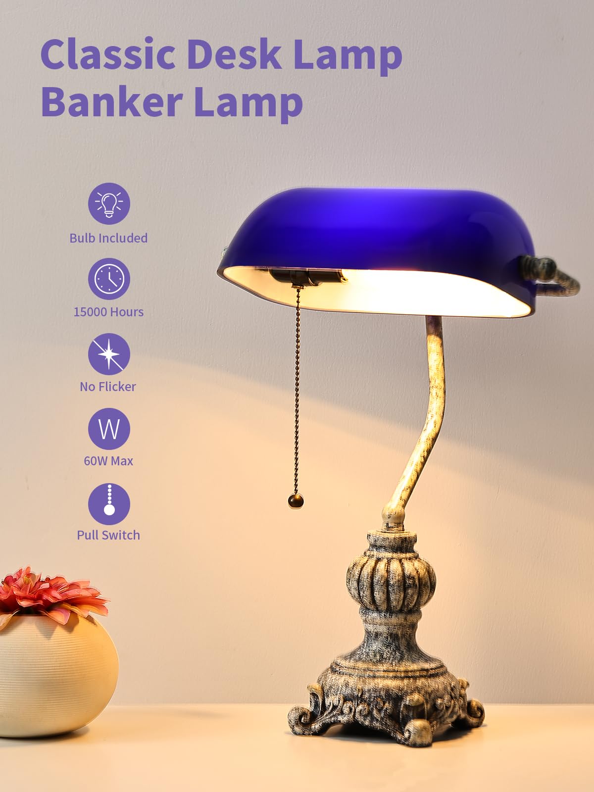 Retro Blue Glass Bankers Desk Lamp,LED Bulb Included