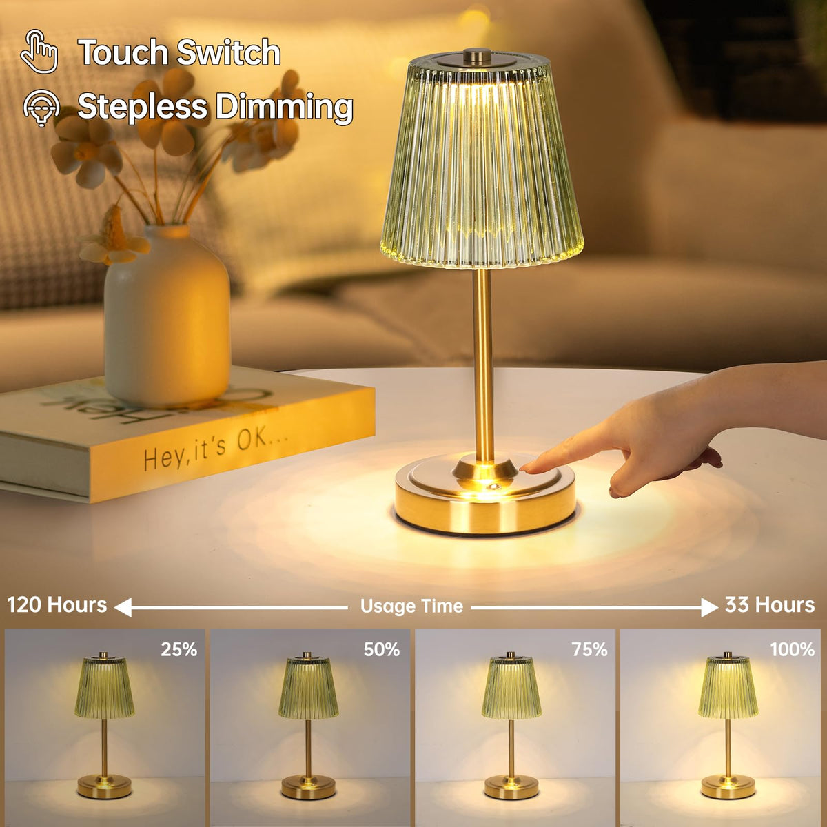 Set of 2 Cordless Touch Table Lamp with 5200mAh Battery - 3 Adjustable Color Temperatures & Dimmable, Rechargeable Lamp for Bedsides, Living Room, Entryway, Bookshelves (Green Stripe)