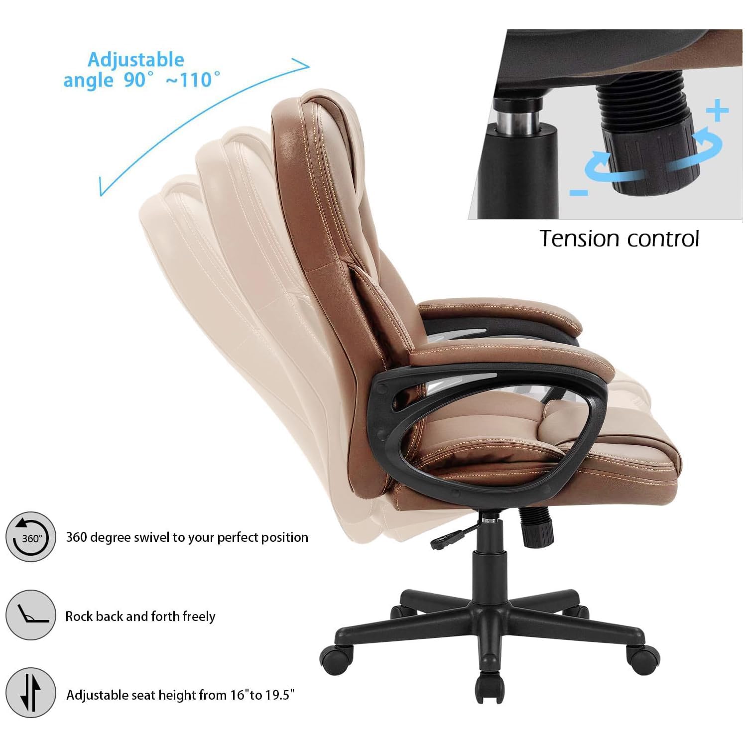 Office Executive Chair High Back Adjustable Managerial Home Desk Chair, Swivel Computer PU Leather Chair with Lumbar Support (1, Light Brown)