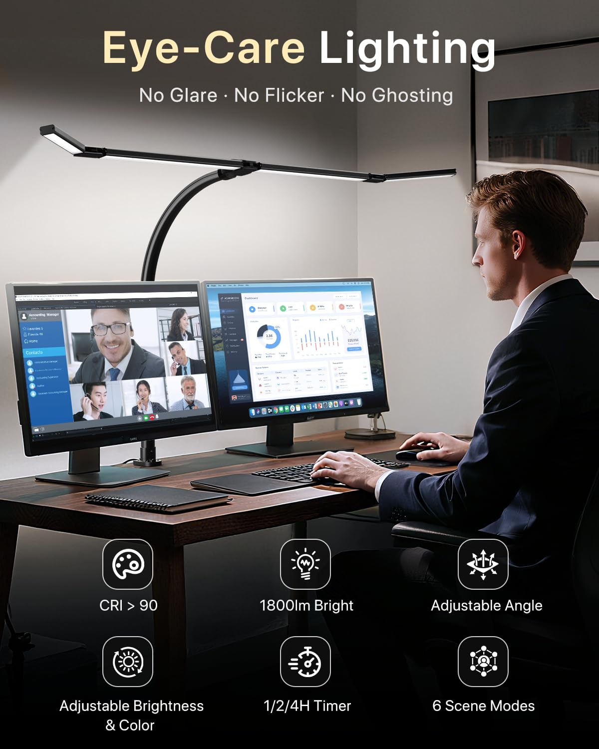 42" LED Desk Lamp with Clamp, Architect Desk Light with Remote, Adjustable 4-Segment Bar, 1800LM Bright, Eye-Caring Desk Lamp for Home Office, Reading, Study, Dual Monitors, Workbench(Black)