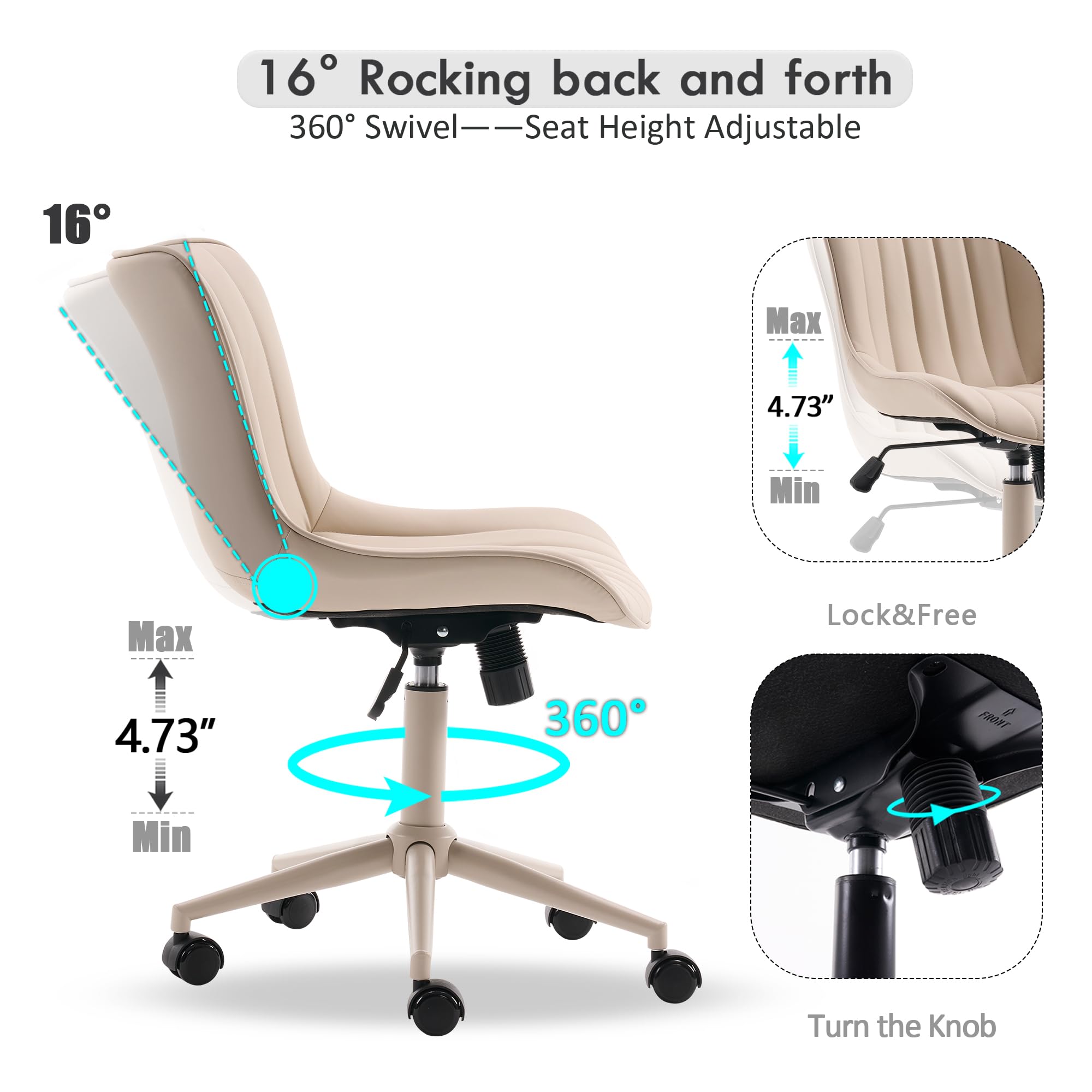 Home Office Desk Chair with Wheels Armless Vanity Chair with Back Comfy Modern Leather Upholstered Rolling Task Chair Swivel Small Cute Sewing Chair No Arms Wide Adjustable Ergonomic Cream