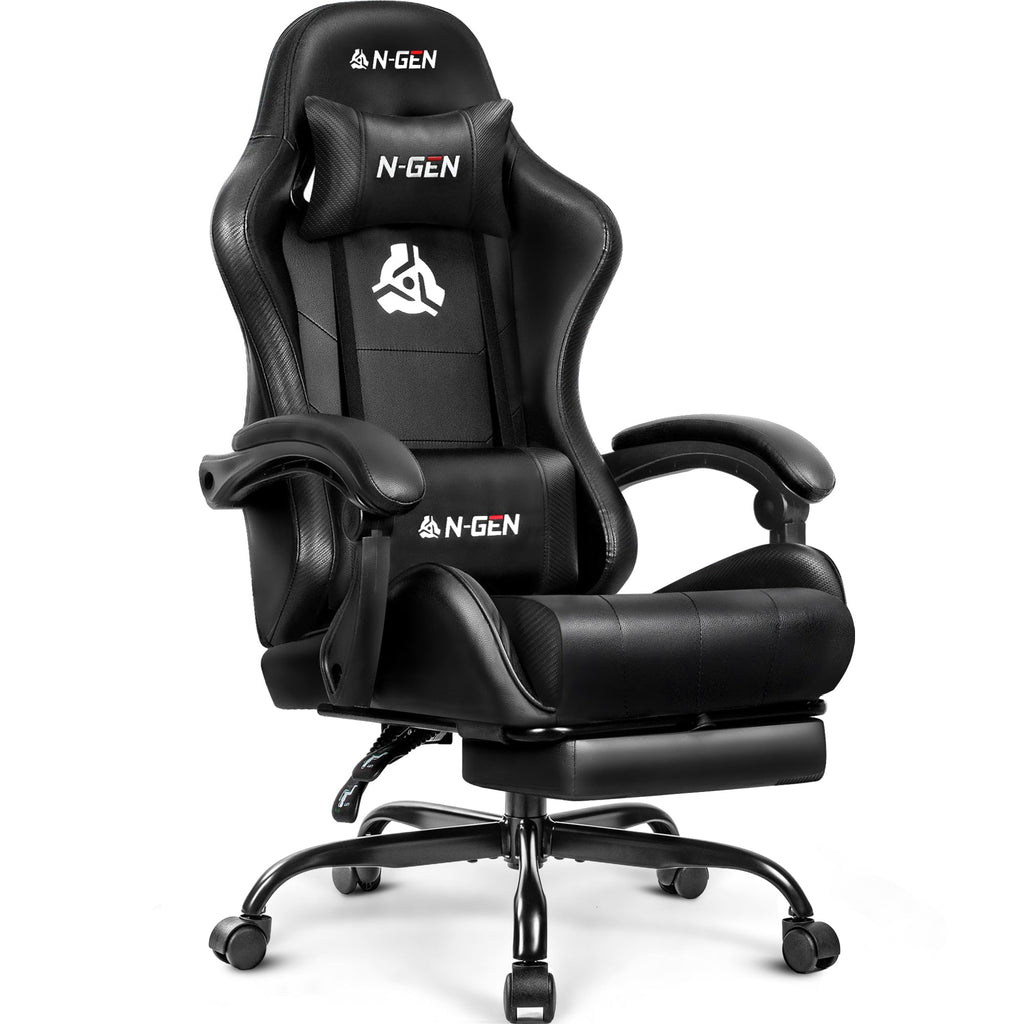 Gaming Chair with Footrest Lumbar Support for Home Office High Back Recliner Height Adjustable Ergonomic Comfy Leather Computer Desk Chair (Deep Black)