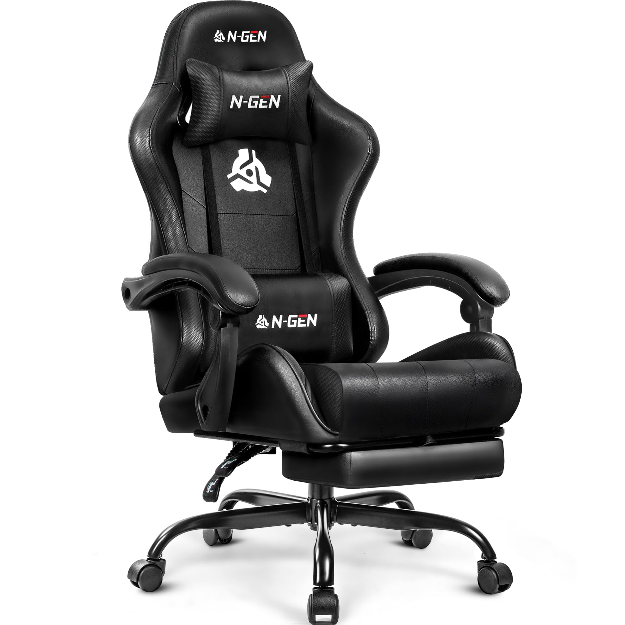 Gaming Chair with Footrest Lumbar Support for Home Office High Back Recliner Height Adjustable Ergonomic Comfy Leather Computer Desk Chair (Deep Black)