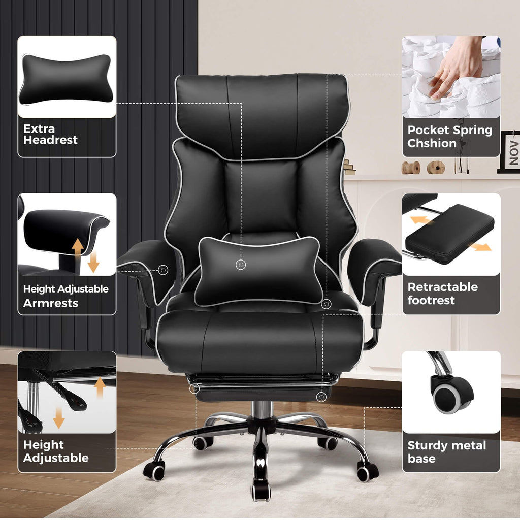 Big and Tall Gaming Chair 400lbs Heavy Duty Office Chair with Foot Rest & Ergonomic Pocket Spring Cushion, High Back Lumbar Support for Lower Back Pain Relief, White/Black