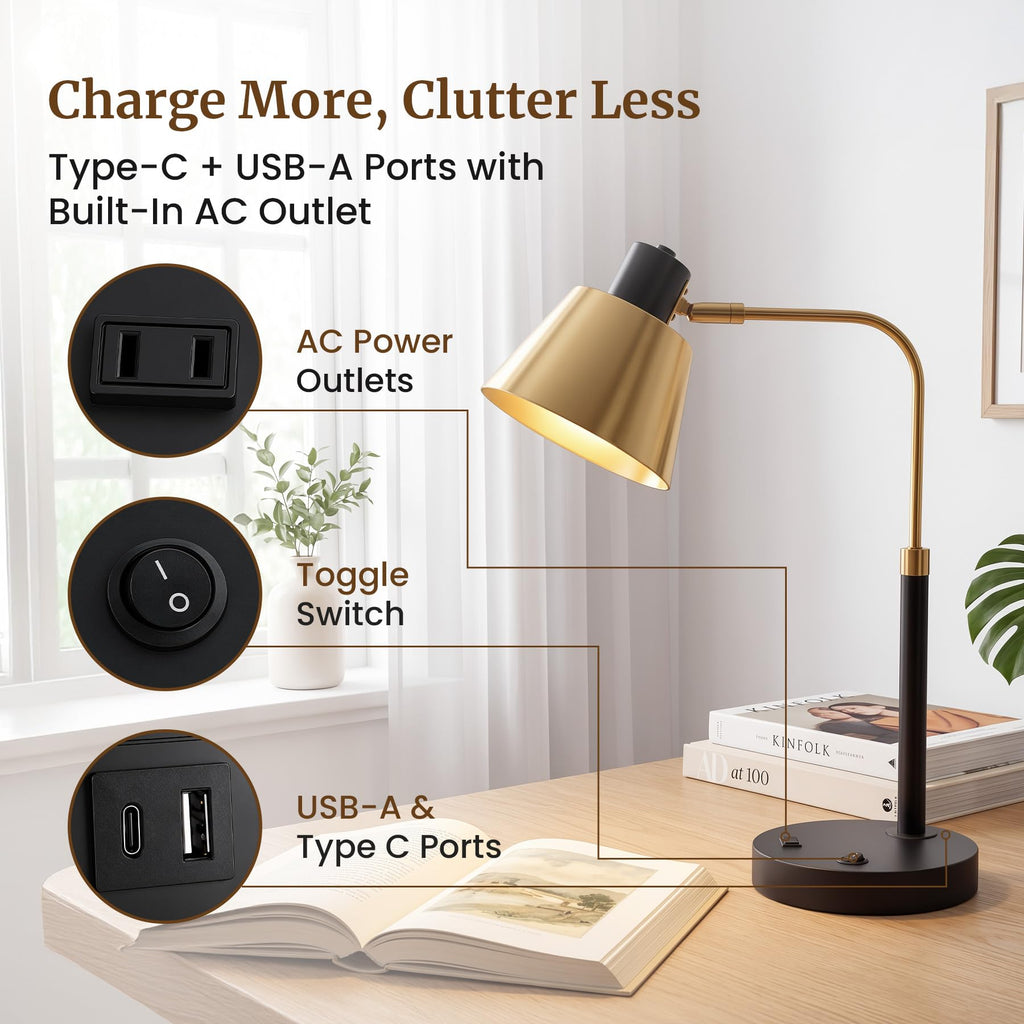Desk Lamp with USB-C, USB-A and AC Outlet, Adjustable E26 Table Lamp for Home Office and Bedside Reading, Matte Black and Brushed Brass-Look, Bulb Not Included
