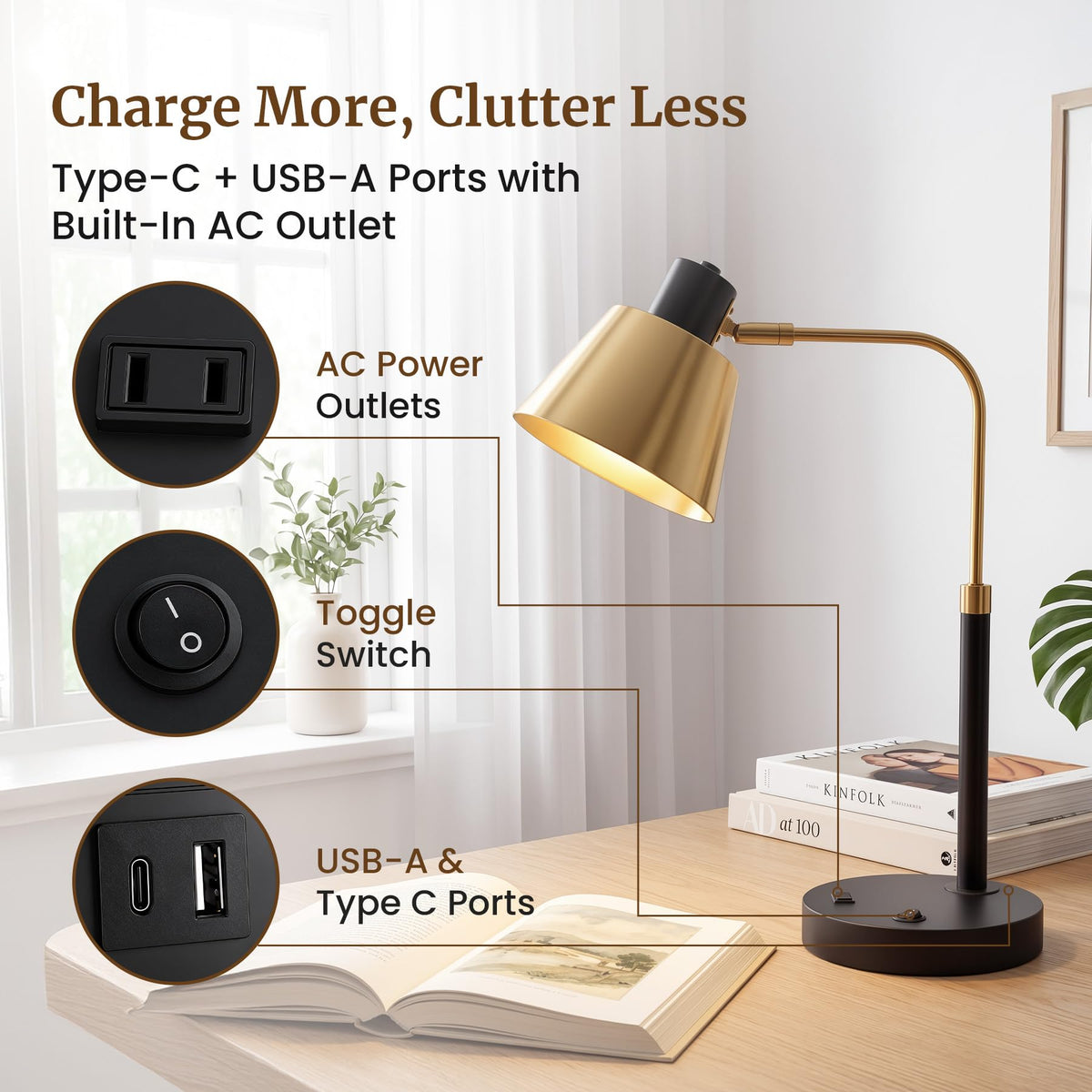 Desk Lamp with USB-C, USB-A and AC Outlet, Adjustable E26 Table Lamp for Home Office and Bedside Reading, Matte Black and Brushed Brass-Look, Bulb Not Included