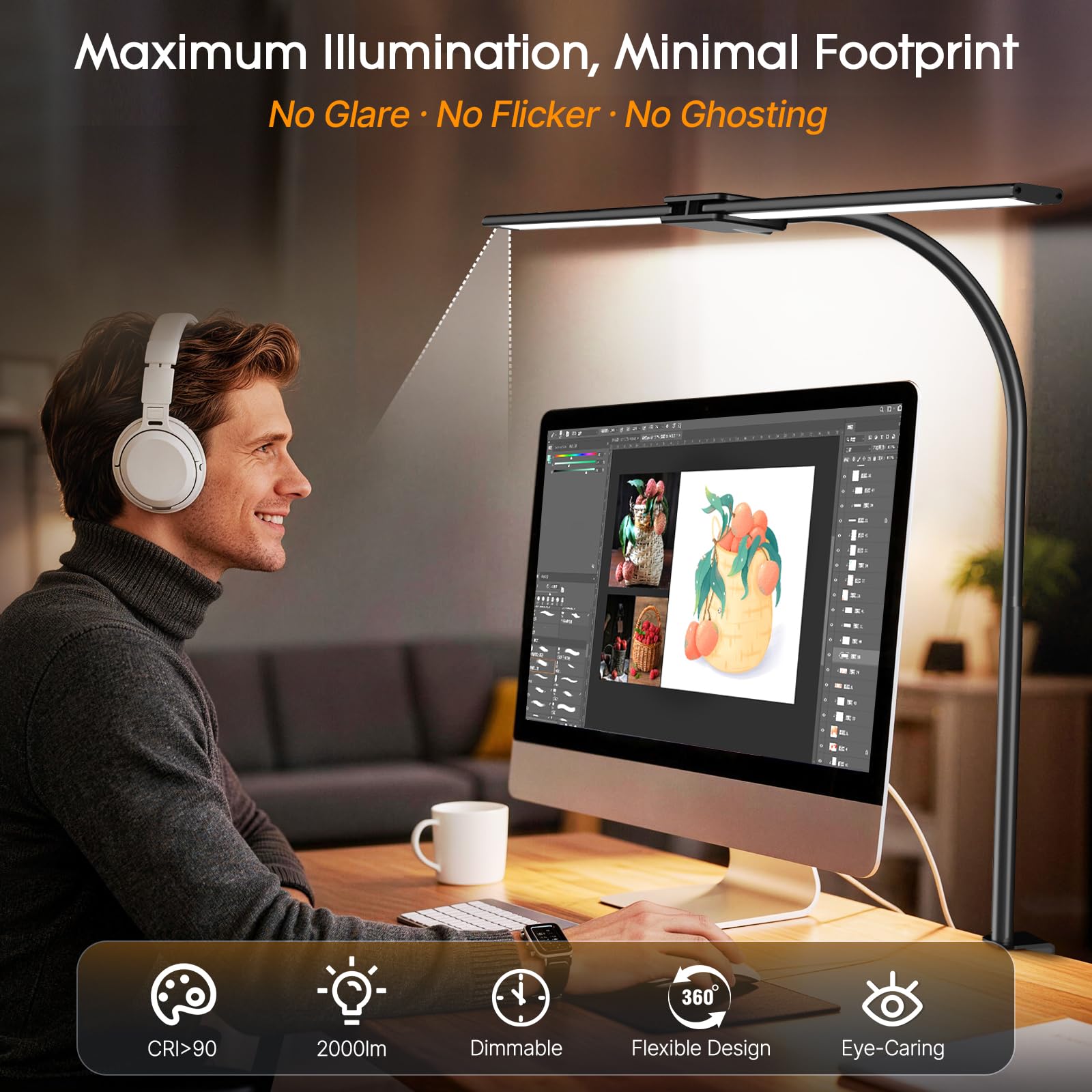 LED Desk Lamp for Office, Architect Desk Lamp with Clamp, Gesture/Wired Control, Ultra Bright Gooseneck Desk Light, Memory & Timer, 50 Lighting Modes for Study, Reading, Crafting