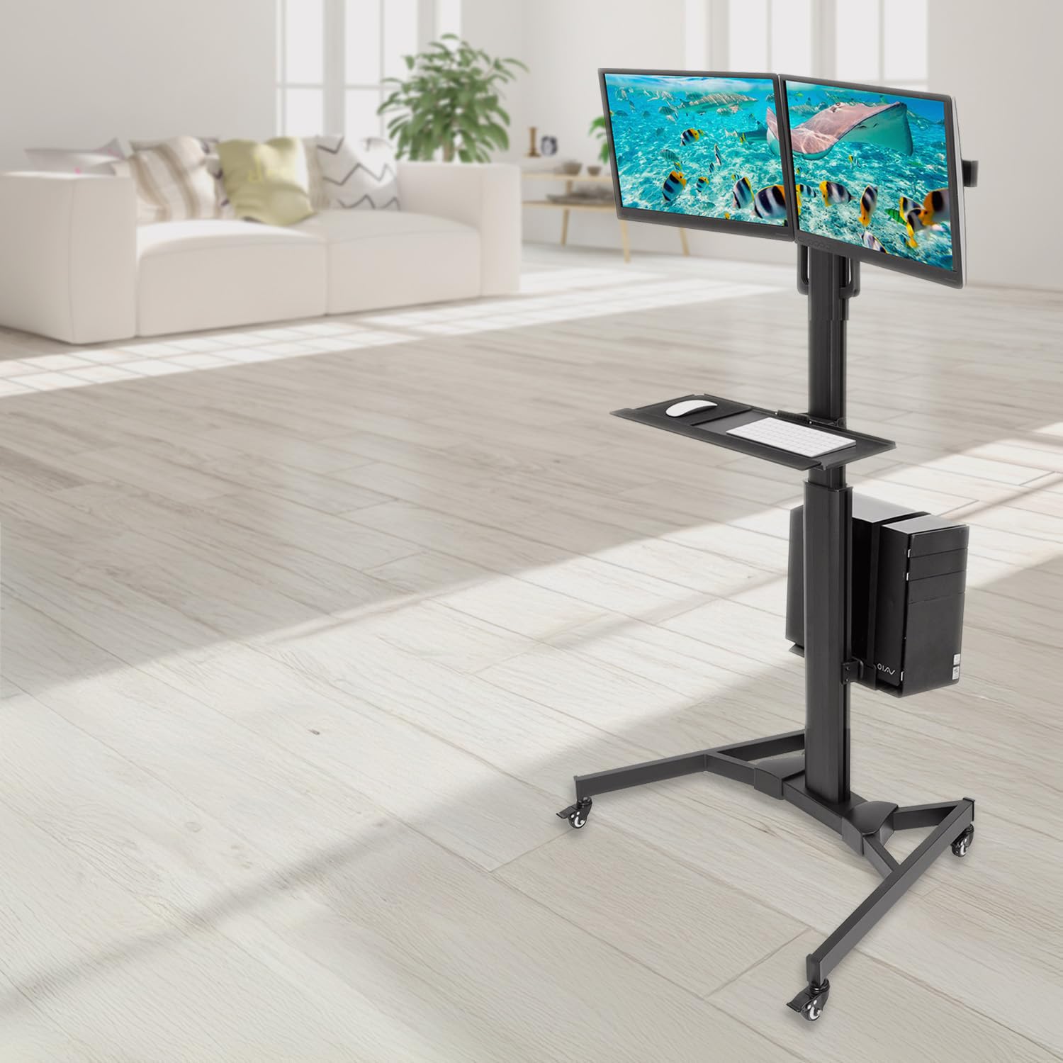 Dual Monitor Computer Cart – Mobile Standing Desk with Wheels, Rolling Workstation with Keyboard Tray, CPU Holder, and Adjustable Screen Mount for Office, Medical, or Warehouse