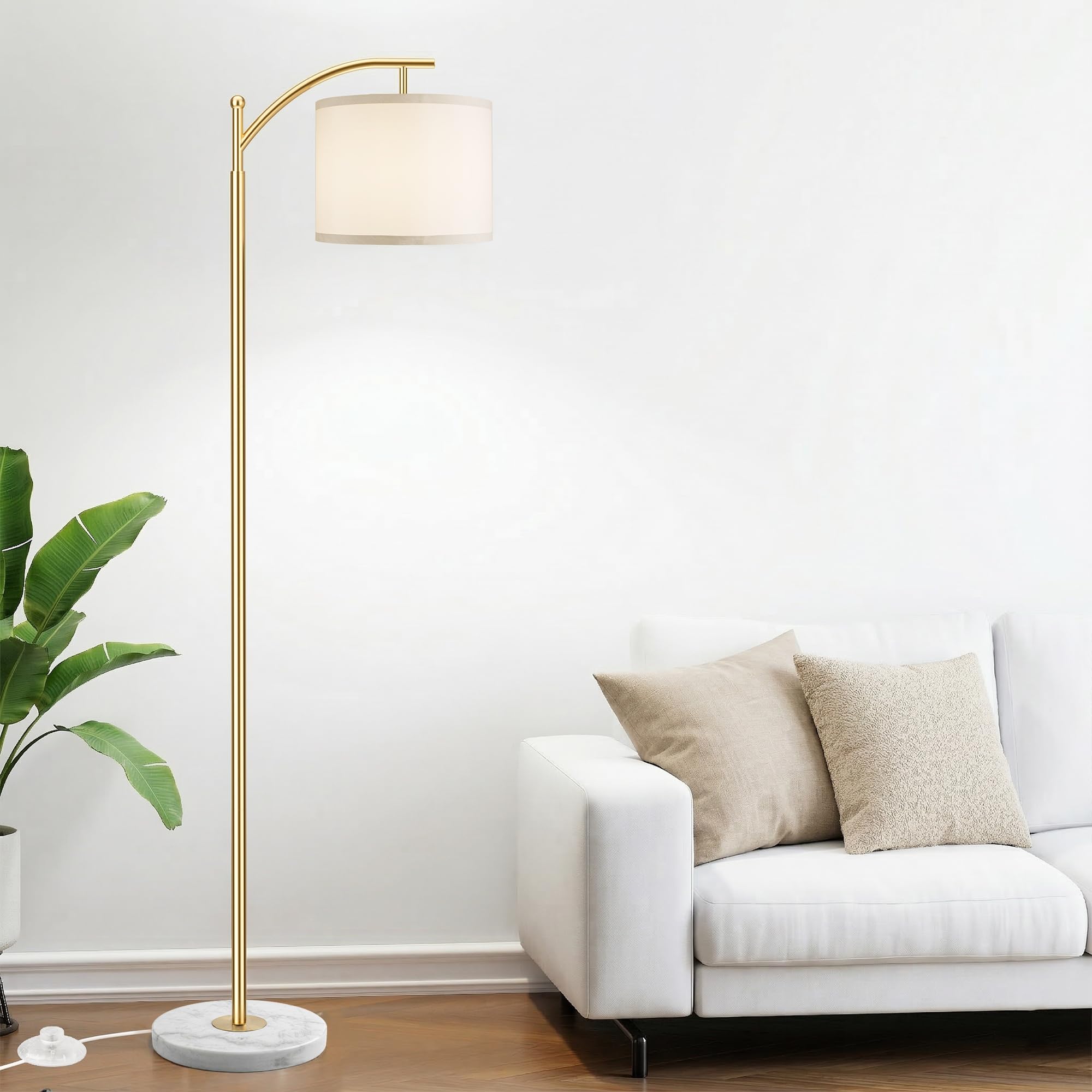 Gold Floor Lamp for Living Room with Marble Base, Modern Standing Lamp with 3 Color Temperatures Bulb & Adjustable Linen Shade, Tall Lamp for Bedroom Office Reading Nursery