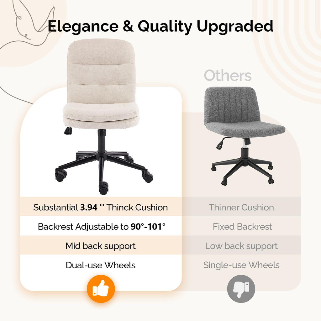 Mid Back Armless Office Desk Chair with Wheels/no Wheels,360°Rocking Swivel Vanity Chair with Thickened Cushion,Adjustable Height Rolling for Reading Room, Make up,Linen Beige