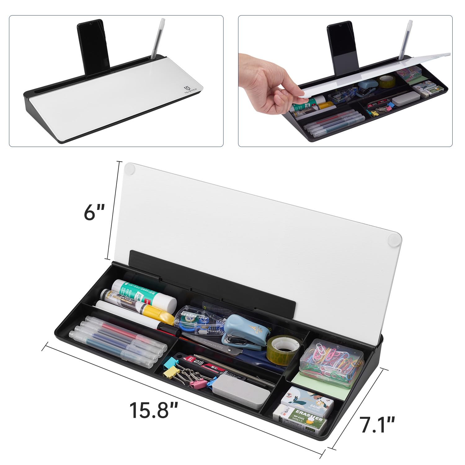 Desktop Whiteboard Dry-Erase-Board - Computer Keyboard Stand White Board Surface Pad with Drawer, Desk Organizers with Accessories for Office, Home, School Supplies - Black