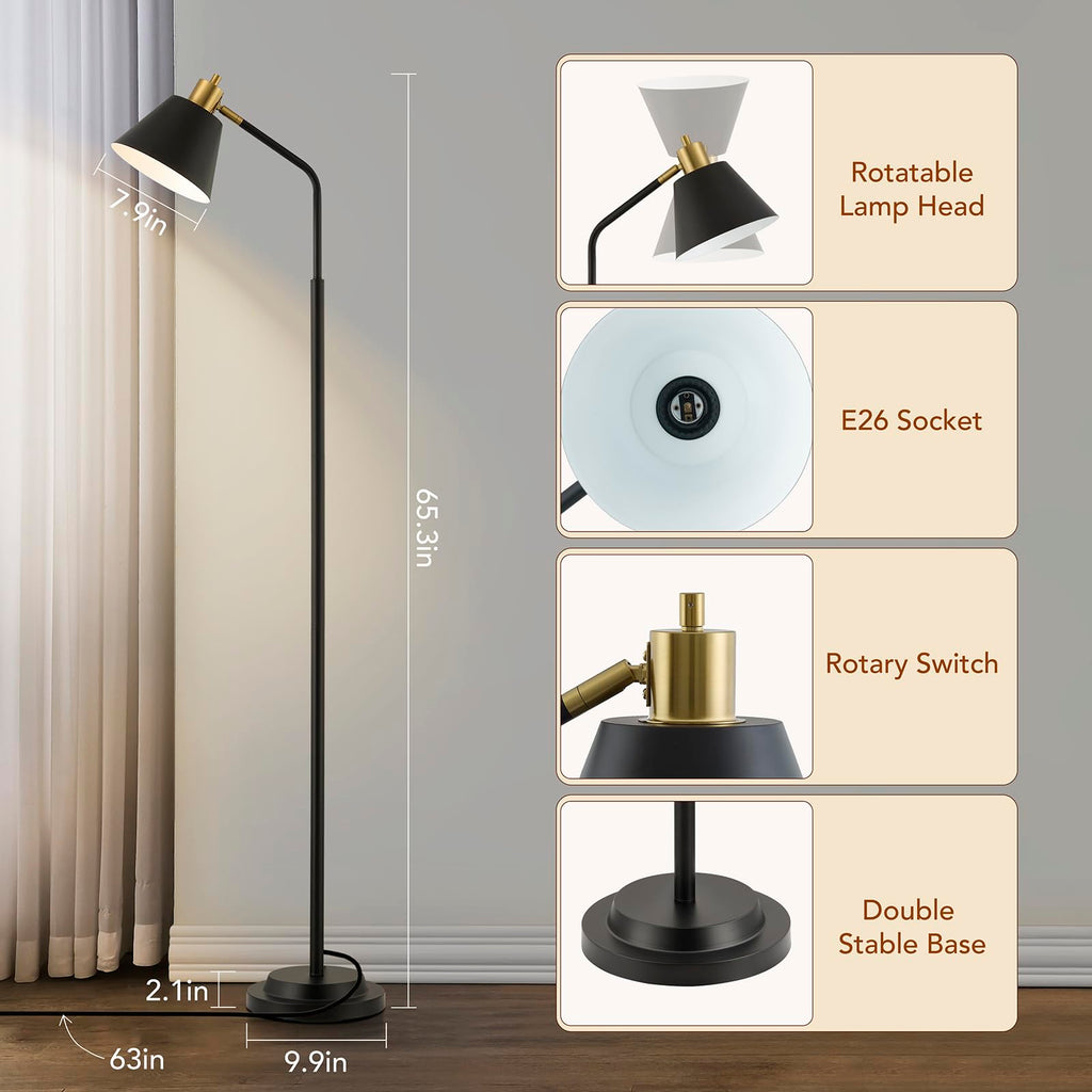 Upgraded Double-Base Black Floor Lamp, Adjustable Lamp Head-65.3"