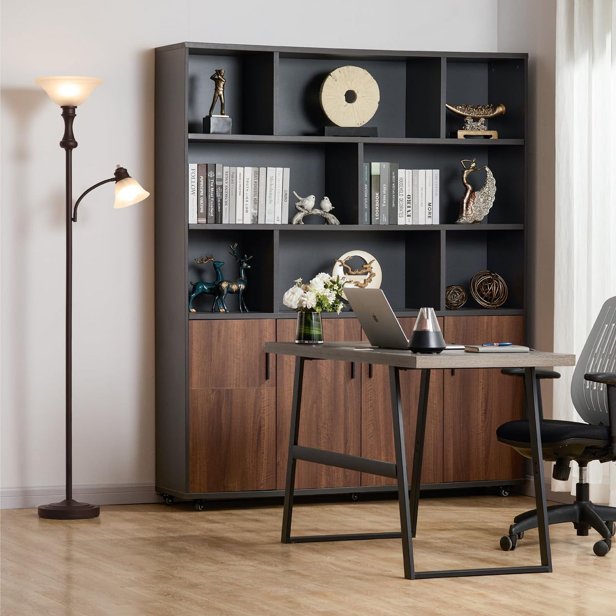Torchiere Brown Floor Lamp with Adjustable Angle Reading Lamp-71IN