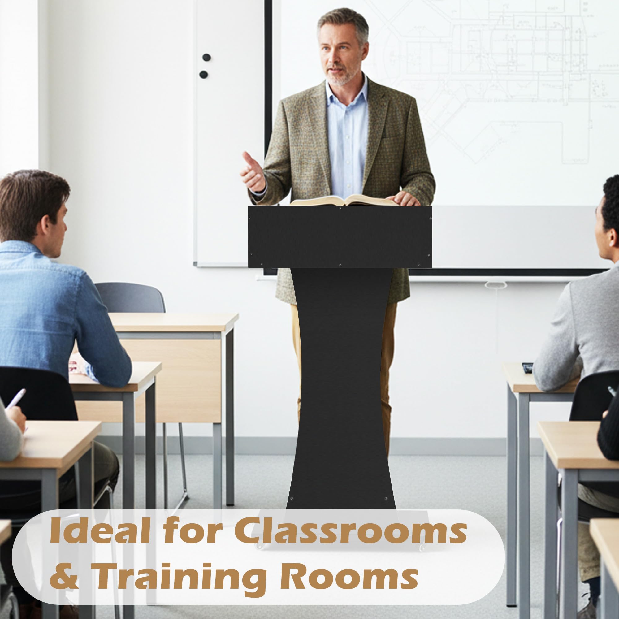 Podium Stand with Lockable Wheels,47"H Wooden Podium for Classroom, Mobile Pulpit Lectern with 3 Storage Shelves for Church, Office,Conference Room (Black)