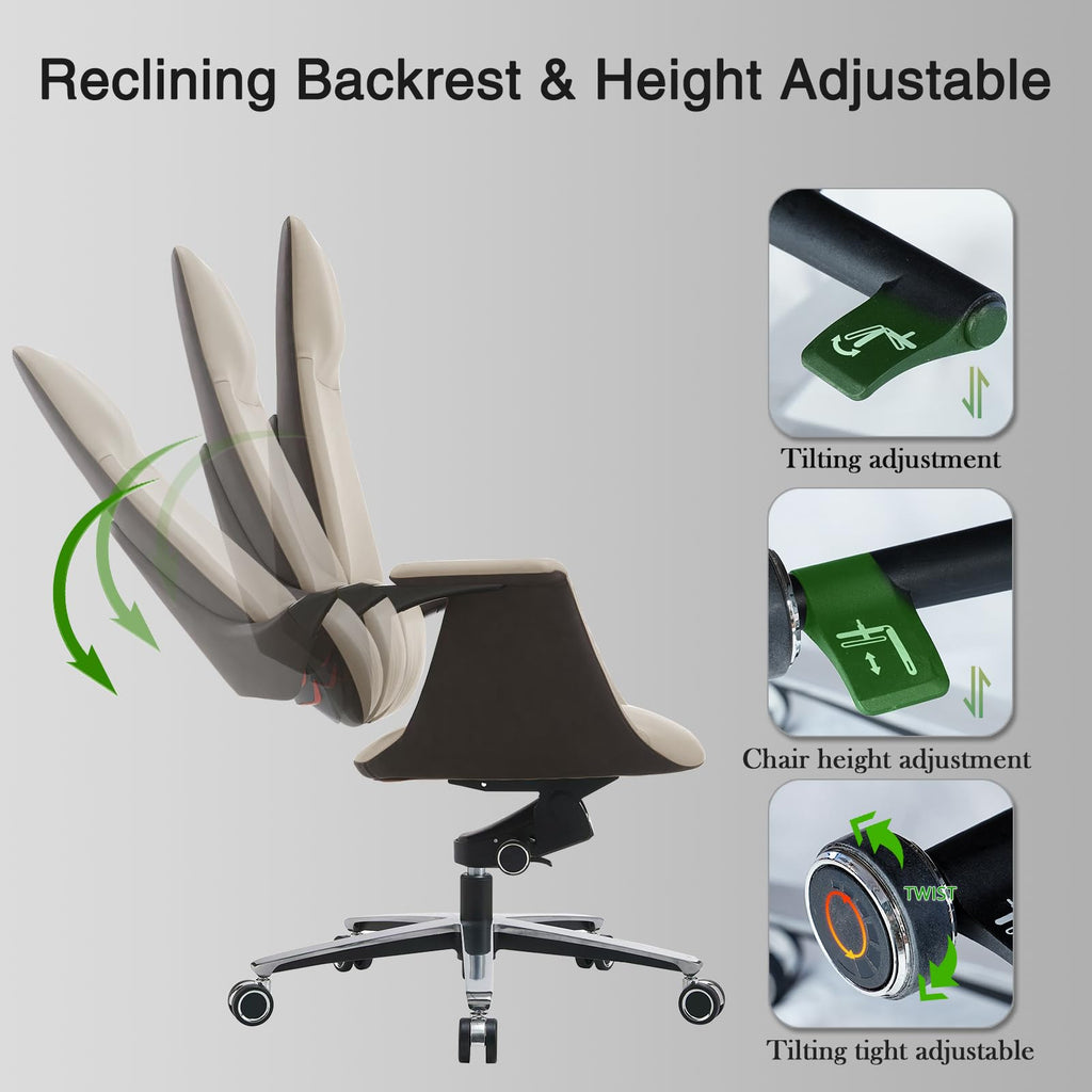 Genuine Leather Executive Chair, Top Grain Ergonomic High Back Office Chair with Lumbar Support, Height Adjustable 400lbs Weight Capacity Metal Base with 360° Flexible Wheels (White)