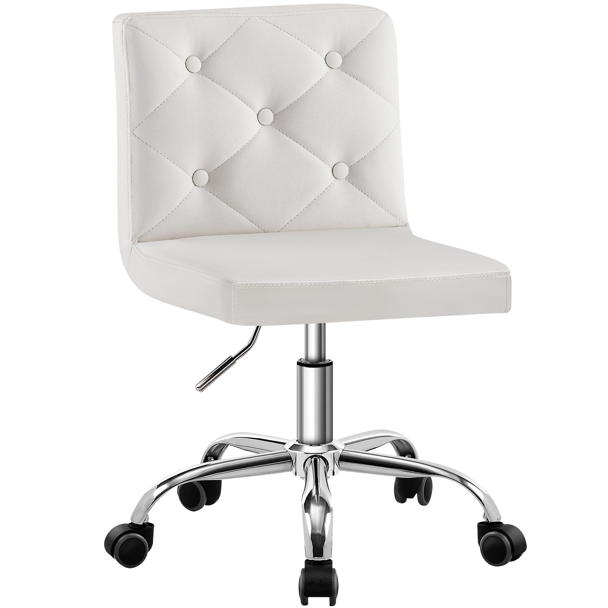 PU Leather Mid-Back Armless Vanity Chair Adjustable Height 360° Rolling Swivel for Office Work, White