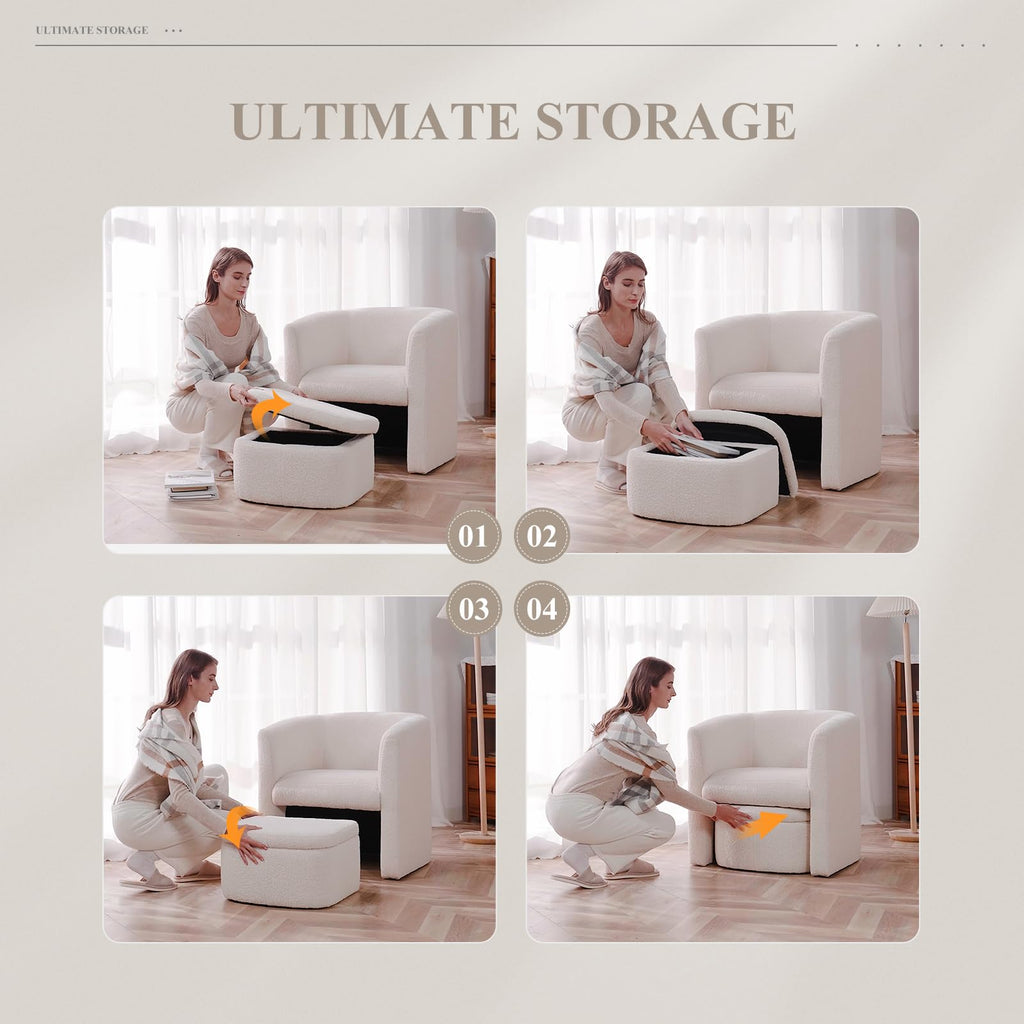 Modern Velvet Barrel Accent Chair with Storage Ottoman Set of 2, Upholstered Living Room Side Chair, Single Sofa Armchair with Lounge Seat for Bedroom/Office/Reading Spaces, Cream