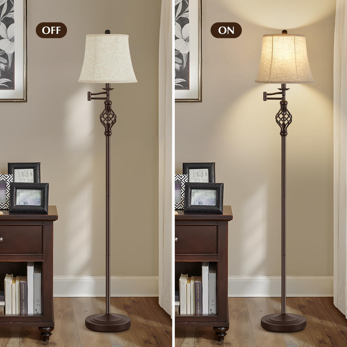 Color Temperature Adjustable Floor lamp, Traditional 350° Adjustable Swing Arm Floor Lamp Vintage Pole lamp Farmhouse Lamp for Living Rooms, Rustic Standing Lamp for Bedroom Reading(Red Brown)