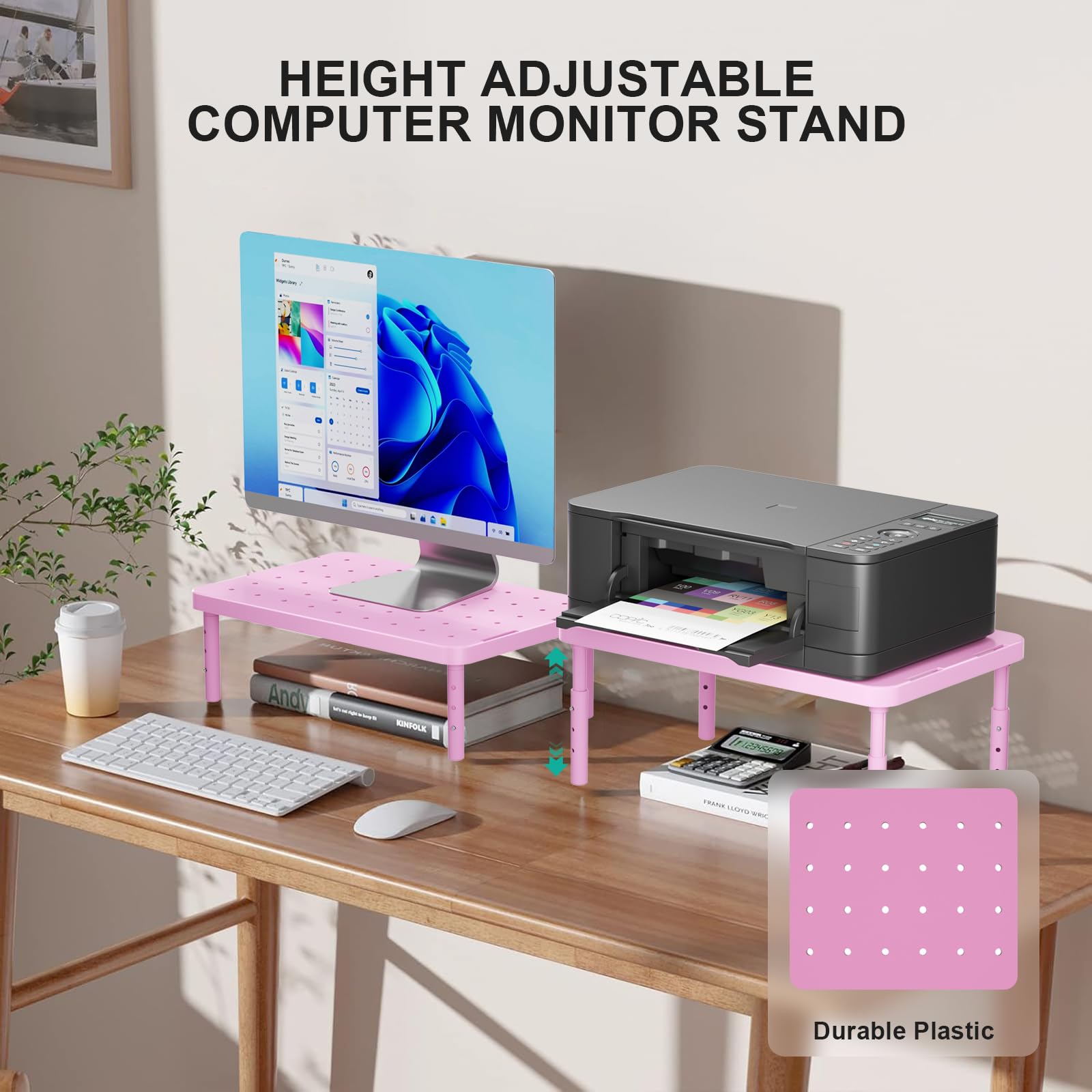 Computer Monitor Stand for Desk, Adjustable Laptop Riser, Desk Monitor Stand Underneath Storage for Office, Home, School Supplies (PTT001-P), 1 Pack, Pink