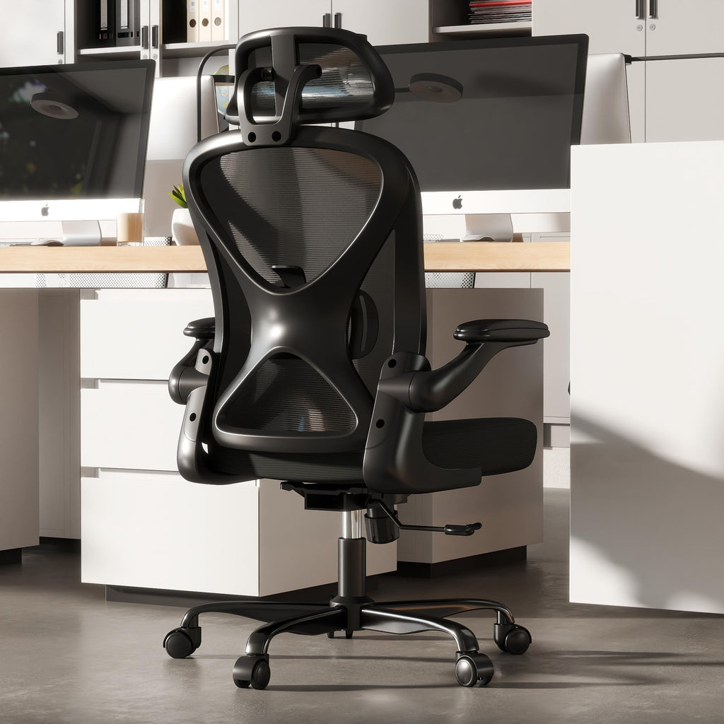 Ergonomic Office Chair Set of 6, with Adjustable Lumbar Support, Mesh Fabric Home Office Chair with Headrest, 360° Swivel and Flip-Up Armrests, Black