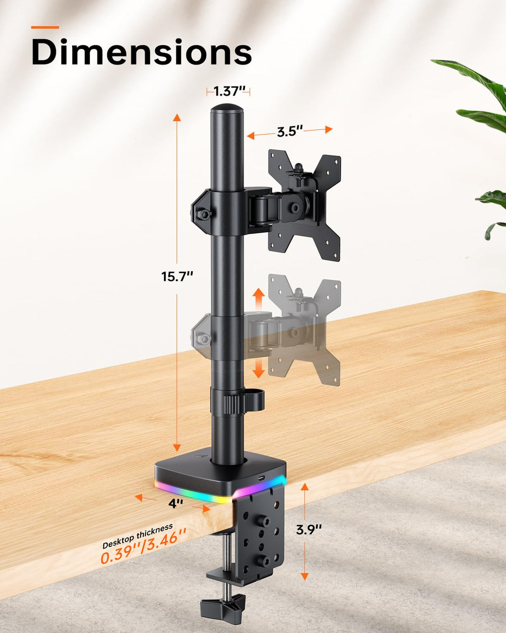Single Monitor Desk Mount, Monitor Arm with 3 USB Ports, Charging and USB Data Transfer Function, Desk Mount for 13"-27" Monitors up to 17.6lbs, Adjustable Height, Tilt, Swivel, Rotate