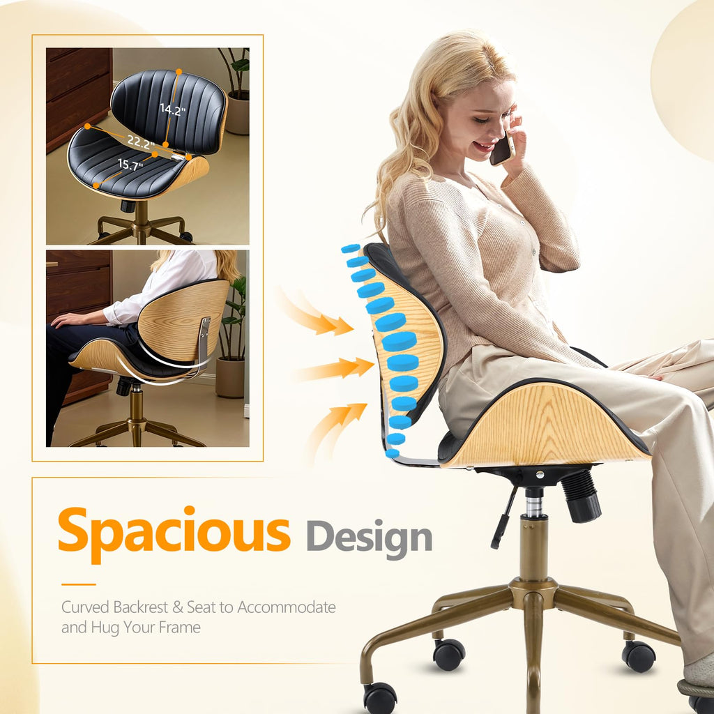 Wide Comfotable Swivel Home Office Chair with Wood-Grain Curved Shell,Ergomomic Mid-Back Padded Armless Rolling Desk Chair with Wheels,Height Adjustable for Computer,Task,Work,PU Leather,Black