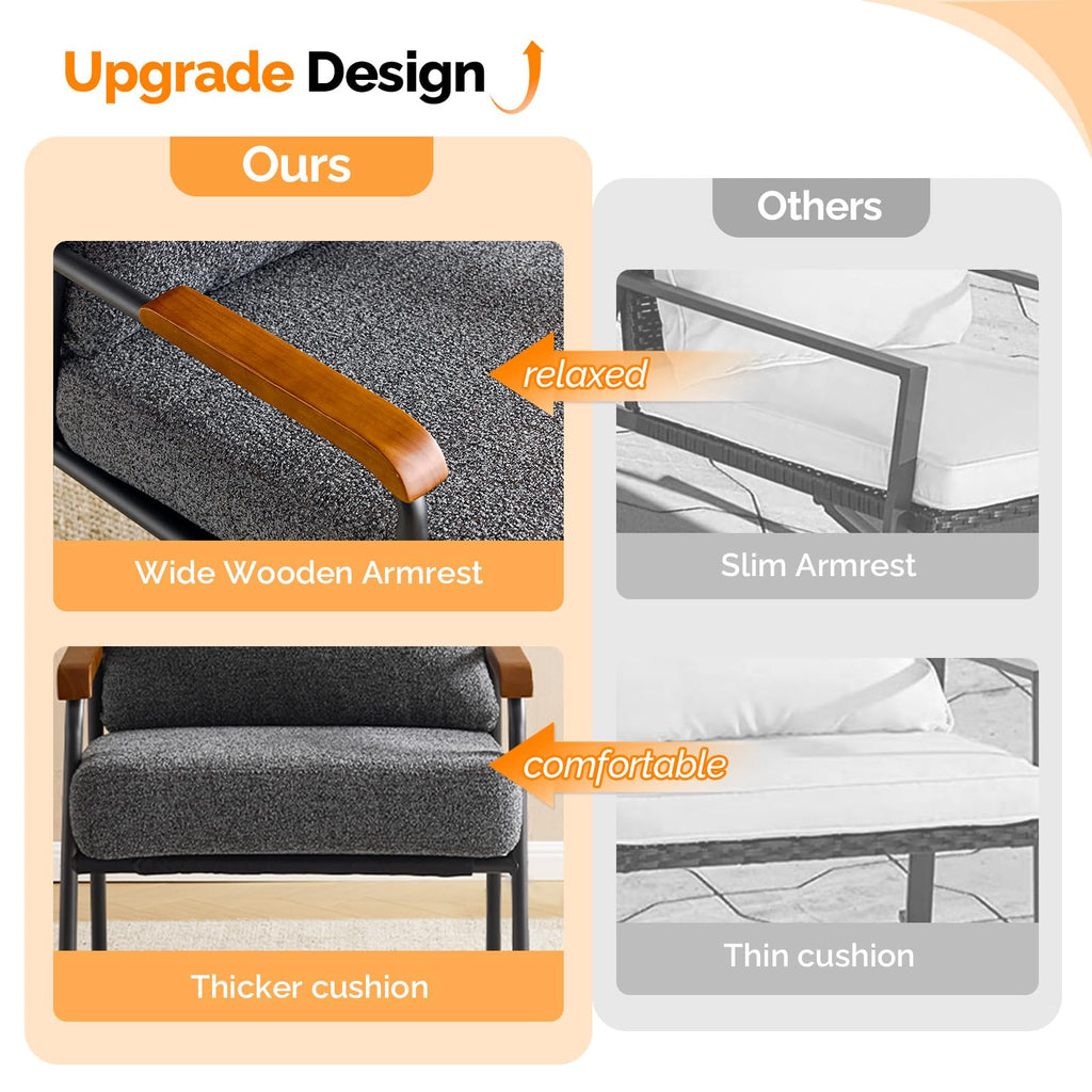 Mid-Century Modern Accent Armchairs Set of 2 for Office, Small Comfy Upholstered Leisure Reading Chairs with Wood Armrests for Office, Bedroom, Living Room, Waiting Room, Linen Grey