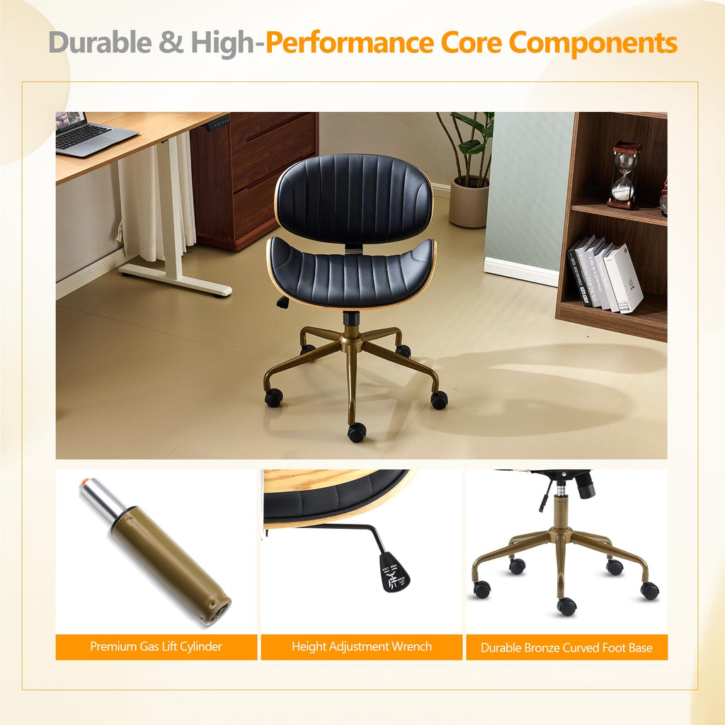 Wide Comfotable Swivel Home Office Chair with Wood-Grain Curved Shell,Ergomomic Mid-Back Padded Armless Rolling Desk Chair with Wheels,Height Adjustable for Computer,Task,Work,PU Leather,Black