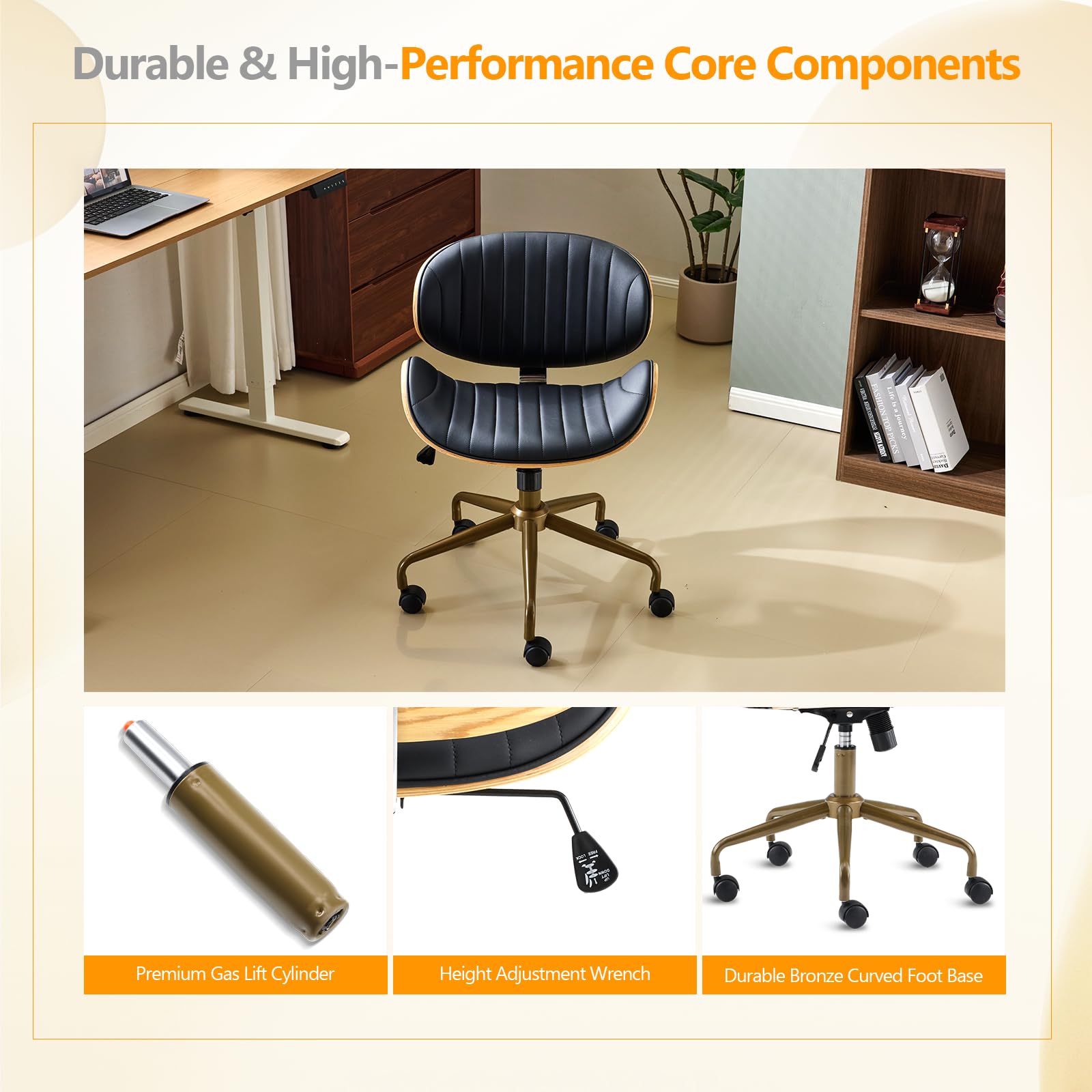 Wide Comfotable Swivel Home Office Chair with Wood-Grain Curved Shell,Ergomomic Mid-Back Padded Armless Rolling Desk Chair with Wheels,Height Adjustable for Computer,Task,Work,PU Leather,Black