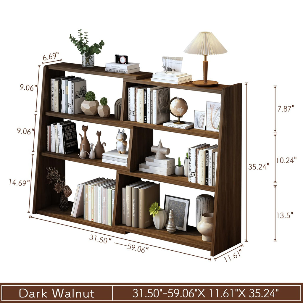 Wooden Extendable Shelf Bookcase, 3-Tier Low Bookshelf, Walnut, L