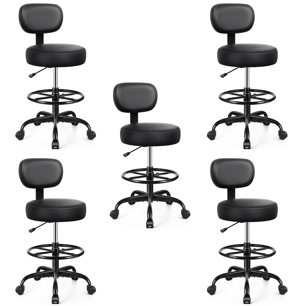 Pack of 5, Drafting Chair with Backrest – Adjustable Foot Rest Rolling Stool with Wheels, PU Leather Swivel Stool for Office Spa Studio Lab Counter Salon Home Work Bar Kitchen Shop(Black)