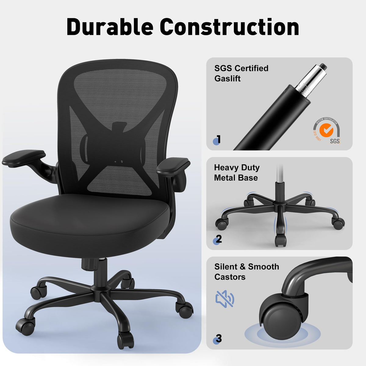 Ergonomic Office Chair, Mesh Fabric Home Office Chairs with Adjustable Lumbar Support, 360° Swivel, and Flip-Up Armrests, Black