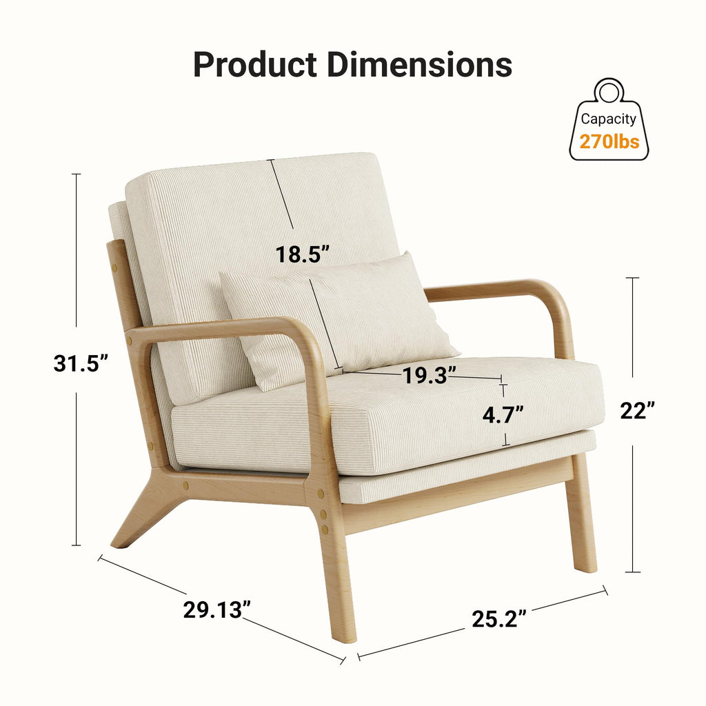 Mid-Century Modern Accent Chair, Armchair with Solid Wood Frame & Lumbar Pillow, Comfy Upholstered Lounge Chair for Office, Bedroom, Corduroy, Beige