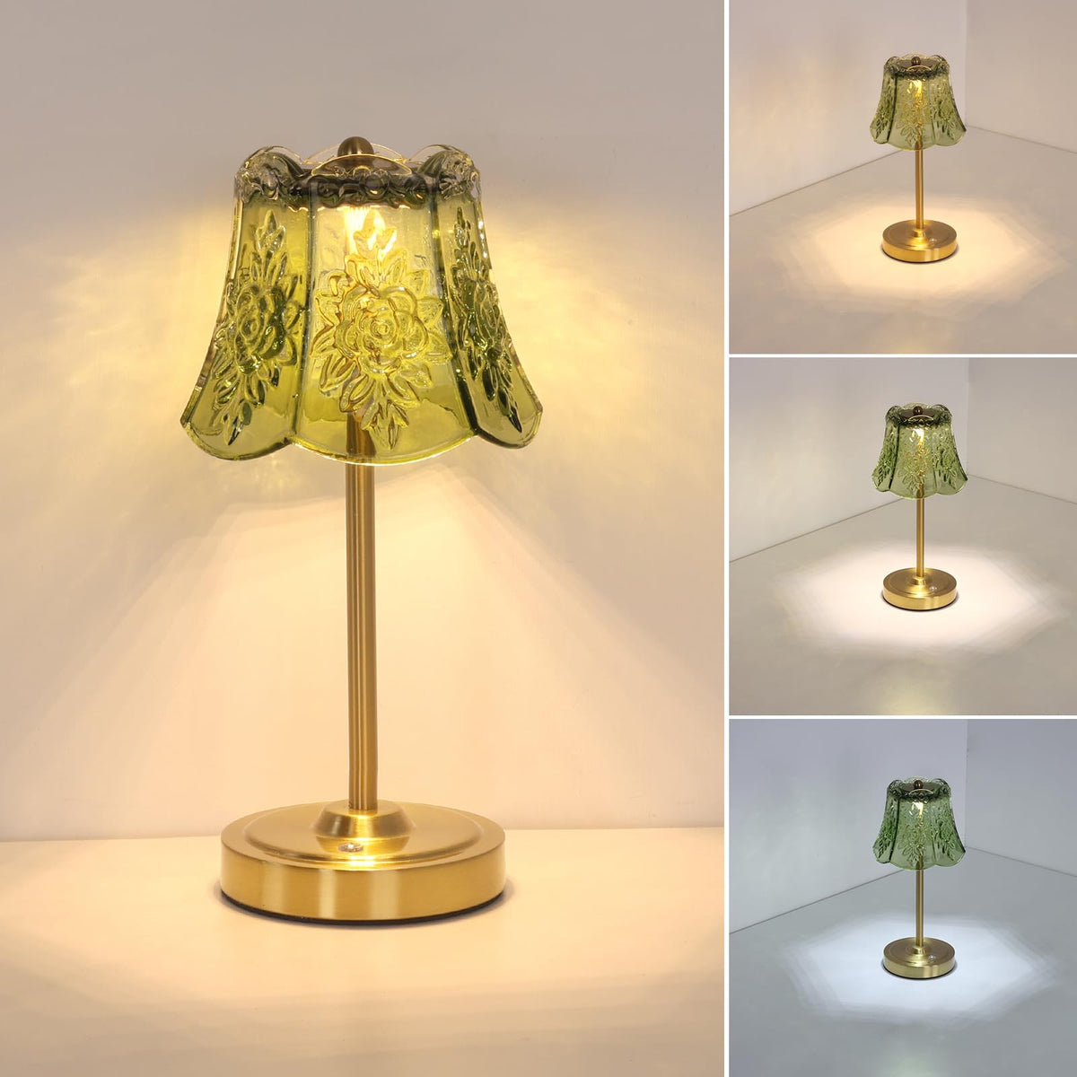 Cordless Touch Table Lamp with 5200mAh Battery - 3 Adjustable Color Temperatures & Dimmable, Rechargeable Desk Lamp for Bedroom, Living Room, Office, Entryway, Bookshelves (Green Rose)