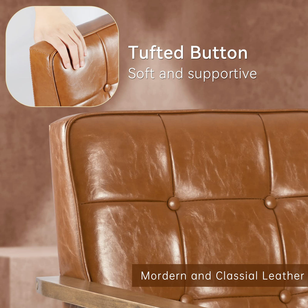 Accent Chairs Set of 2, Mid Century Modern Accent Chair, Retro Wood and Leather Armchairs Side Chair, Lounge Reading Comfy Arm Chair for Living Room, Bedroom, Office(Brown)