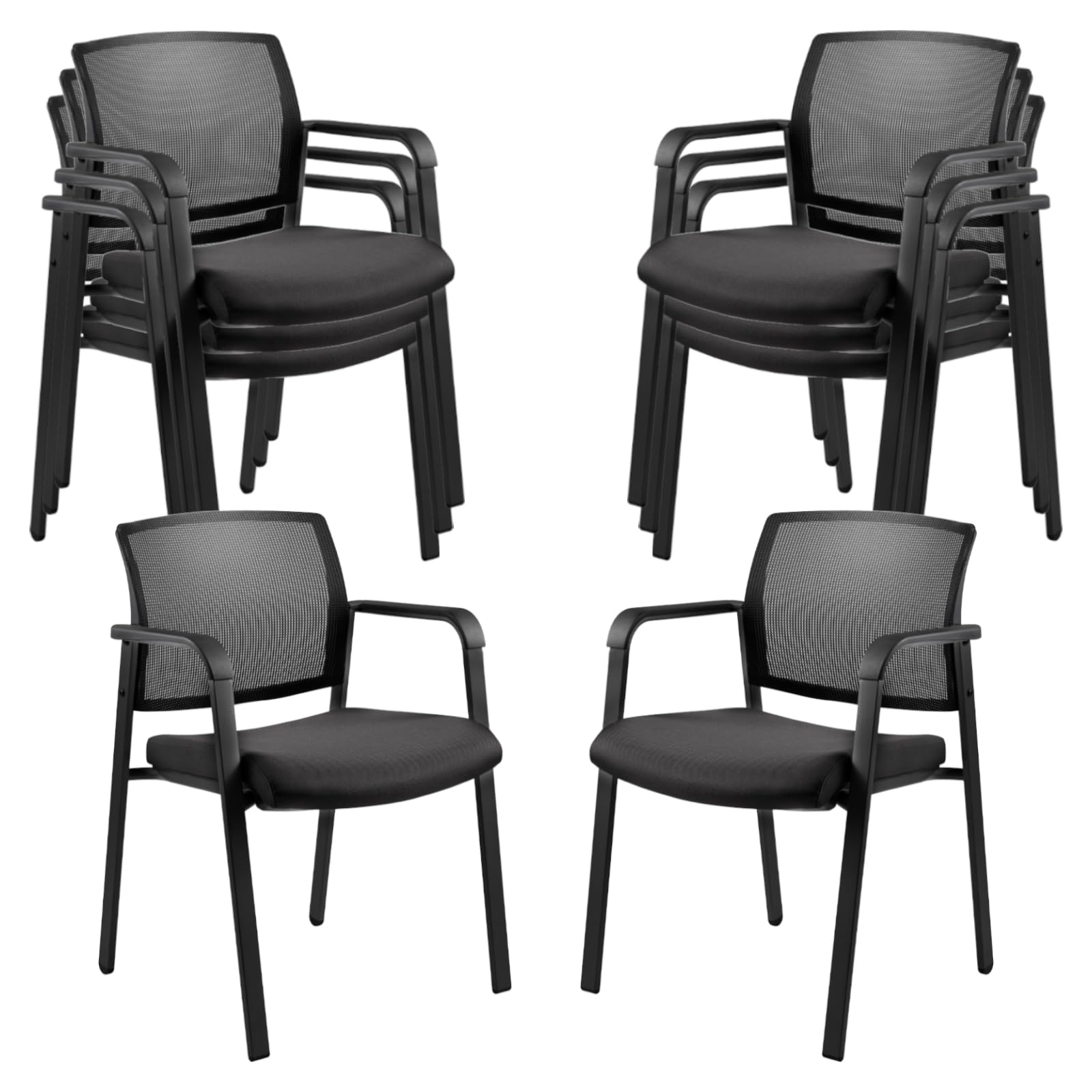 Set of 8, Mesh Back Stacking Arm Chairs with Upholstered Fabric Seat and Ergonomic Lumbar Support for Office School Church Guest Reception Black  New Version