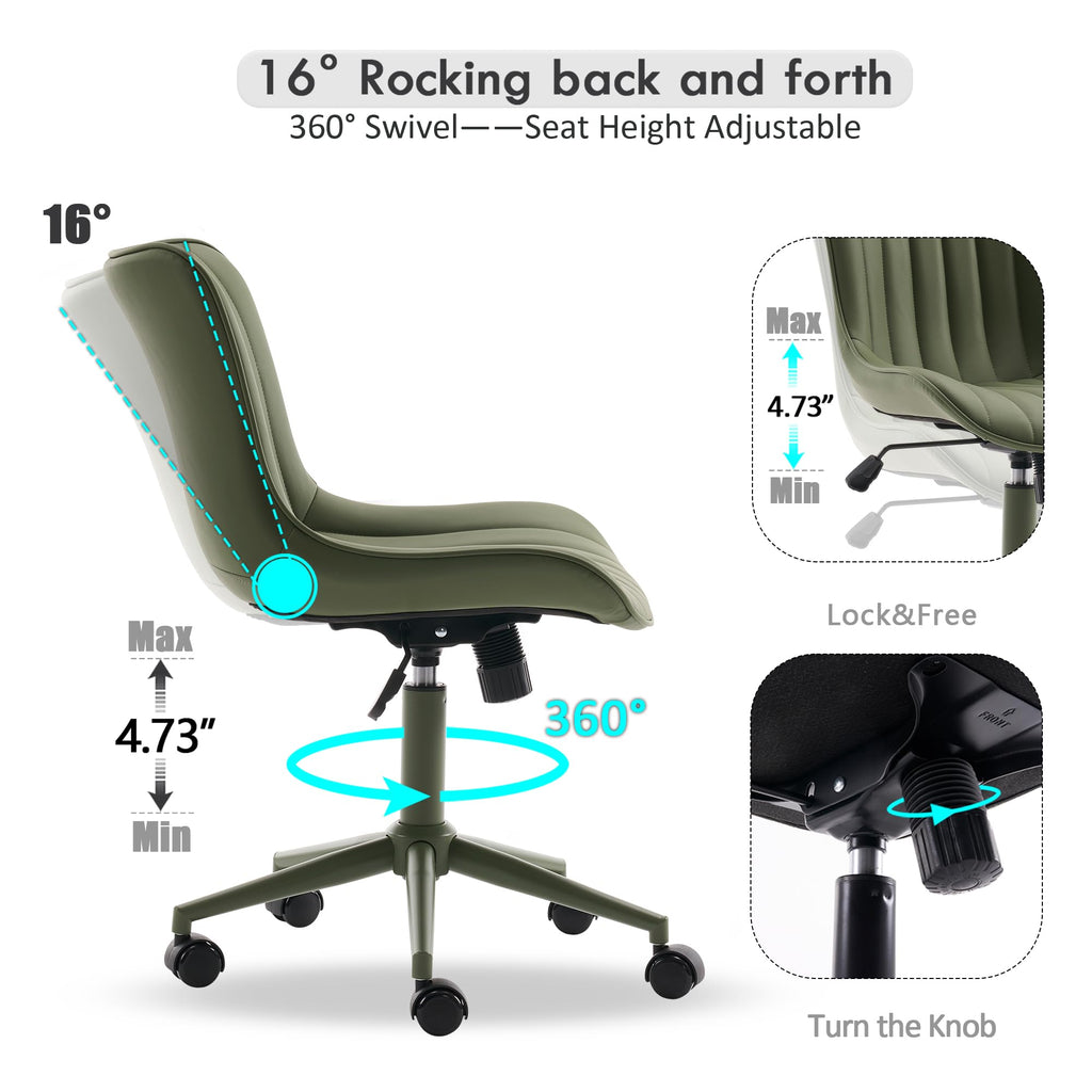 Home Office Desk Chair with Wheels Armless Vanity Chair with Back Comfy Modern Leather Upholstered Rolling Task Chair Swivel Small Cute Sewing Chair No Arms Wide Adjustable Sage Green