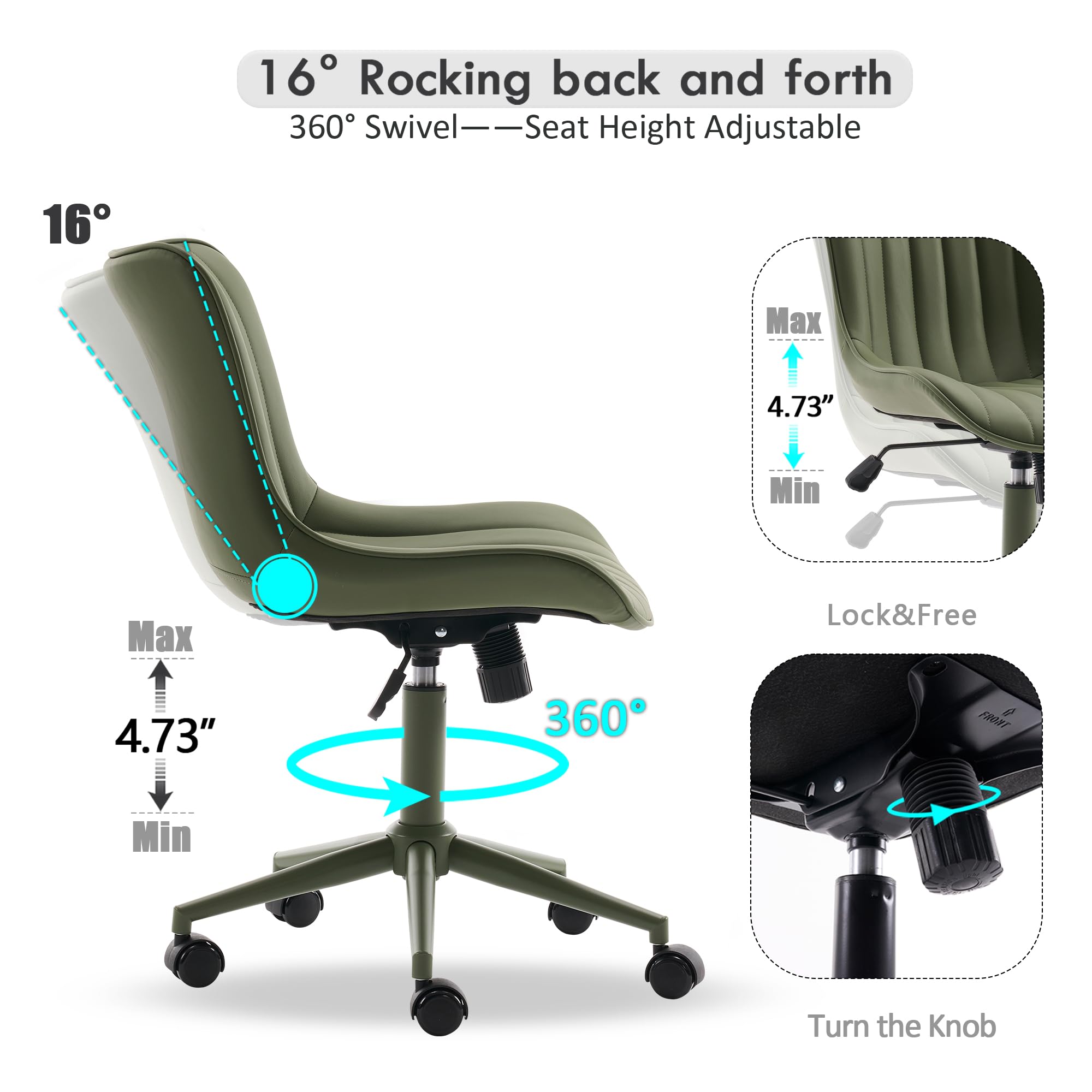 Home Office Desk Chair with Wheels Armless Vanity Chair with Back Comfy Modern Leather Upholstered Rolling Task Chair Swivel Small Cute Sewing Chair No Arms Wide Adjustable Sage Green