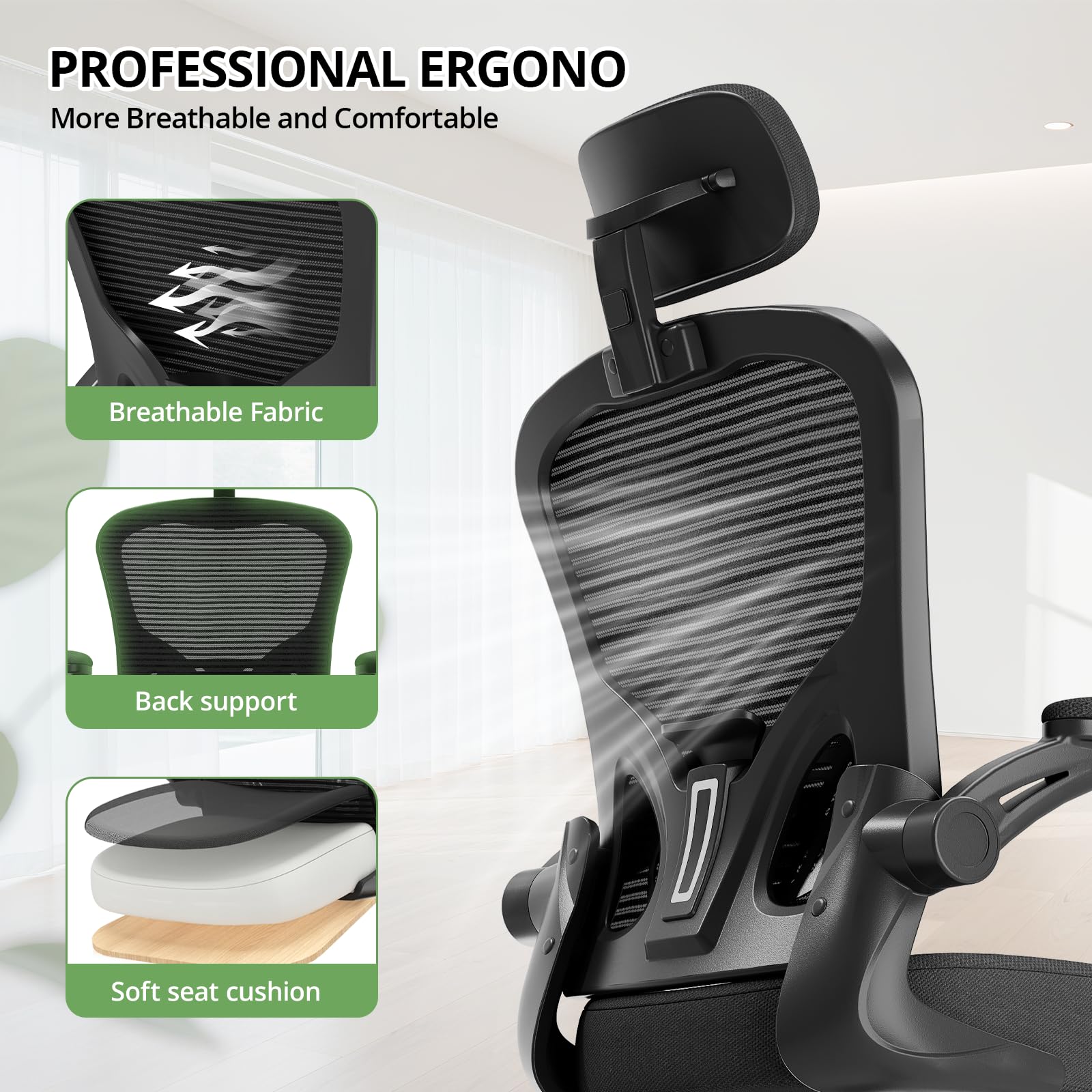 Office Chair Ergonomic Desk Chair, 330LBS Capacity, High Back Computer Chair for Long Hours Comfortable, Rolling Swivel Executive Task Chair for Home Office with Flip-up Armrests, Black